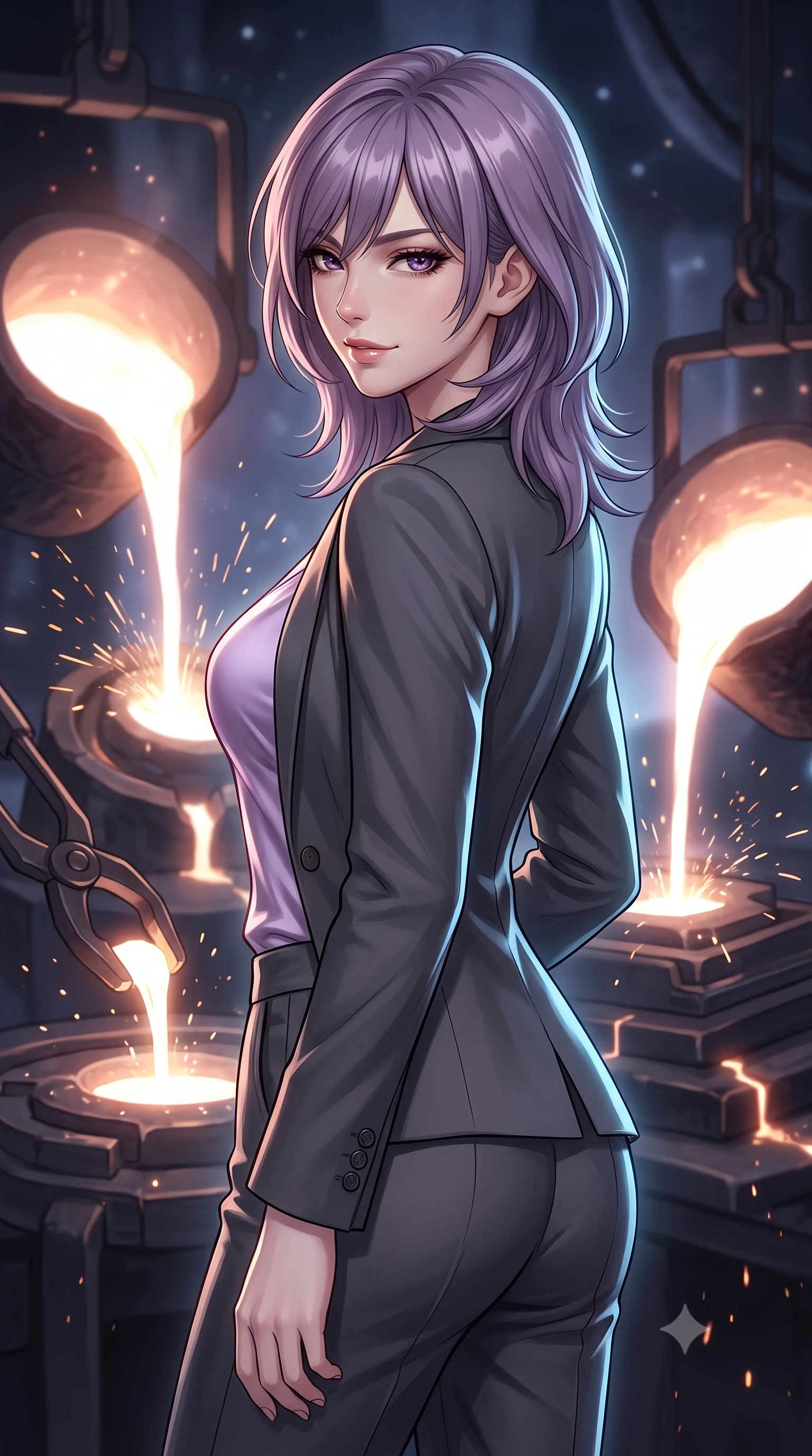 score_9, masterpiece, best quality, ultra-detailed, high-budget anime keyframe, editorial fashion photography, tasteful artistic composition, Japanese woman. close-up cowboy shot from the waist and thighs up, the character dominates the composition, filling the frame with her large presence, background elements kept in soft focus. Glancing sidelong over her shoulder with a smoldering half-smile. set against a soft-focus background of a cosmic smithy where new stars are forged in massive crucibles of dark matter molten stellar material glowing white-hot as it is poured into celestial molds by gravitational tongs sparks of nuclear fusion flying. She has an exceptionally elegant and slender, willowy female figure with an ultra-slim waist, a gracefully sculpted slender torso, and a refined slim physique. sharp v-shaped jawline, high-bridge nose, intricate jewel-like eyes with depth, thick eyelashes, glossy lips with a natural sheen. wearing a tailored charcoal blazer over a soft lavender satin top, paired with matching charcoal tailored trousers. soft glowing ambient light with sharp side key light tracing the sleek contours of her figure. 2k, ultra detail, master piece, 9:16 ratio