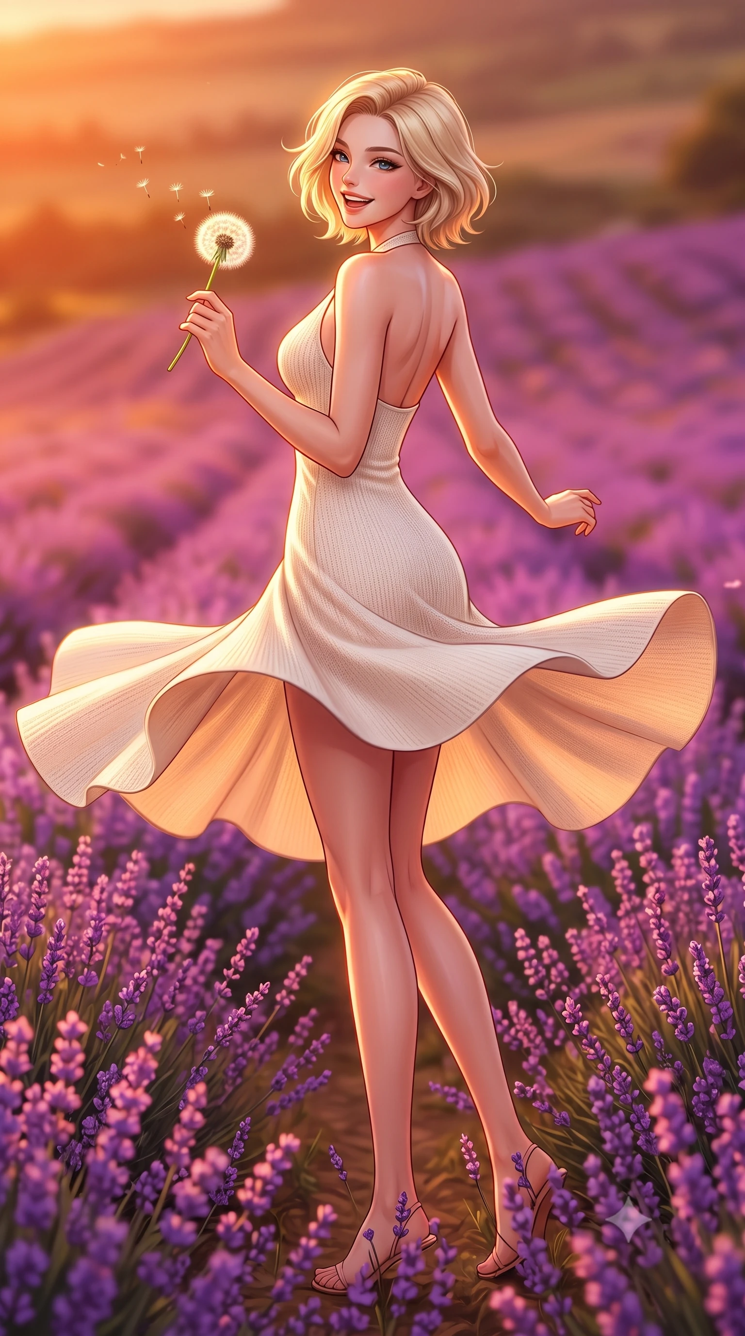 score_9, masterpiece, best quality, ultra-detailed, high-budget anime keyframe, editorial fashion photography, tasteful artistic composition, Caucasian woman. low angle full-body shot from head to toe showing her feet, filling the entire 9:16 vertical frame with her statuesque presence, stretching her vertical silhouette. twirling around with a playful, cute laugh, her skirt billowing beautifully in the air set against a soft-focus background of surrounded by a beautiful purple meadow of blooming wild lavender holding a fluffy dandelion clock, ready to blow the seeds with a cute smile. She has an absolutely perfect, statuesque 8.5-heads proportion, an exceptionally tall and slender model-like female figure with impossibly long slender legs and an ultra-slim waist. sharp v-shaped jawline, high-bridge nose, intricate jewel-like eyes with depth, thick eyelashes, glossy lips with a natural sheen. wearing tailored sleek, tight-fitting knit halter dress in cream, tracing her slender silhouette. golden hour sunset light casting a warm, romantic orange glow over the field. highly saturated vibrant anime colors, detailed shading with soft gradients, rich glossy textures, high-contrast stereoscopic depth, volumetric dynamic lighting, master piece, 9:16 ratio