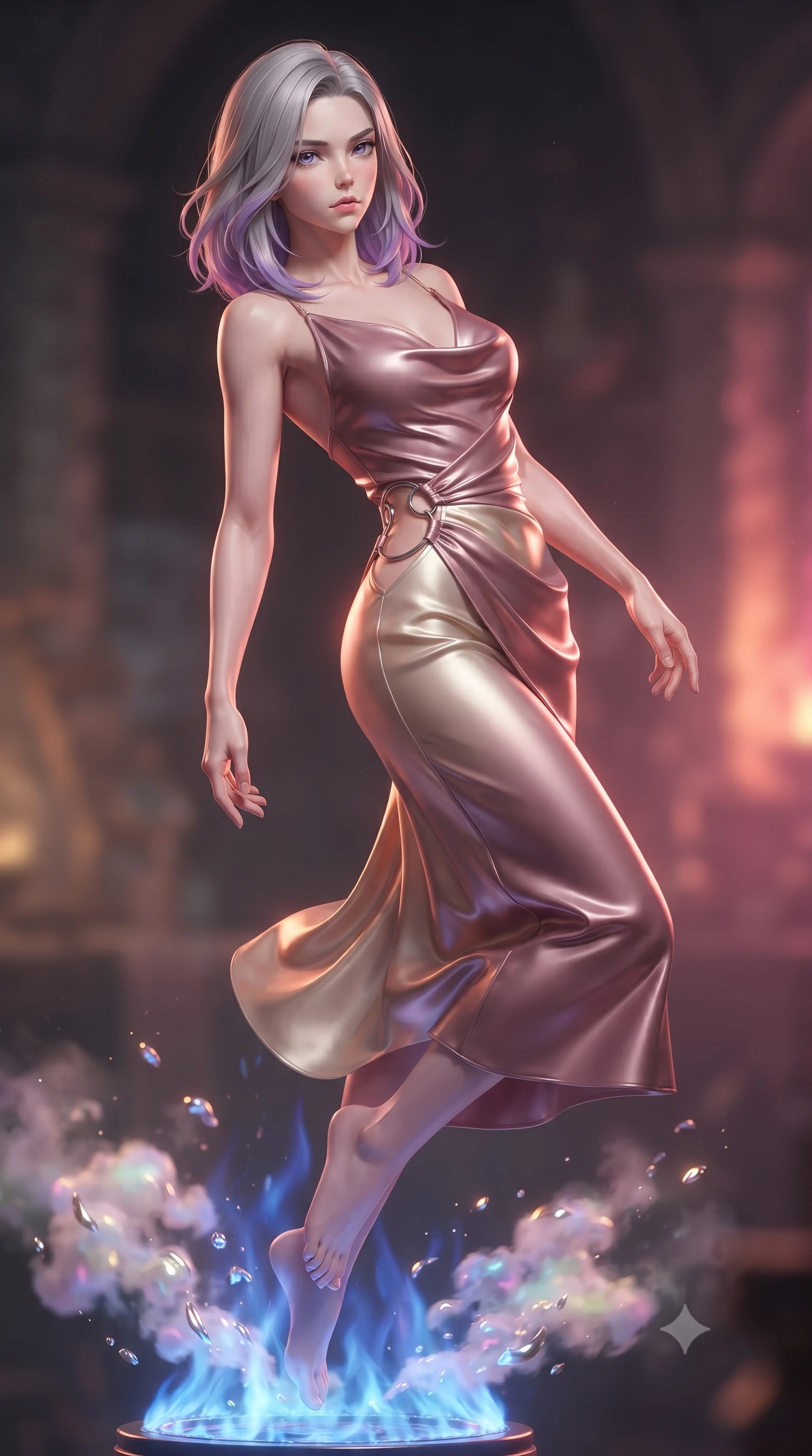 score_9, masterpiece, best quality, ultra-detailed, high-budget anime keyframe, editorial fashion photography, tasteful artistic composition, Caucasian woman. close-up cowboy shot from the waist and thighs up, the character dominates the composition, filling the frame with her large presence, background elements kept in soft focus. Gazing past the lens with composed intensity as her torso curves dynamically in mid-motion while floating gracefully above a sapphire alchemy flame with her torso tilted dynamically, pastel-colored steam clouds scattering bright metallic highlights. She has an exceptionally elegant, slender, and willowy female figure with an ultra-slim waist, a gracefully sculpted slender torso, and a refined silhouette. sharp v-shaped jawline, high-bridge nose, intricate jewel-like eyes with depth, thick eyelashes, glossy lips with a natural sheen, flawlessly proportioned anatomical accuracy, natural body alignment, perfectly sculpted elegant limbs, clean dynamic posture without body distortion. wearing an elegant cowl-neck satin midi dress with a graceful draped neckline in dusty rose and champagne gold, crafted from lustrous satin jersey with fluid draping, accented with delicate chrome ring hardware framing her waist, the tailored fabric tightly following every curve of her athletic build. bathed in hot pink and orange furnace underlighting with sharp bronze speculars. ultra-reflective glossy finish, specular highlights, metallic sheen, high-contrast stereoscopic depth, volumetric dynamic lighting, 2k, ultra detail, master piece, 9:16 ratio