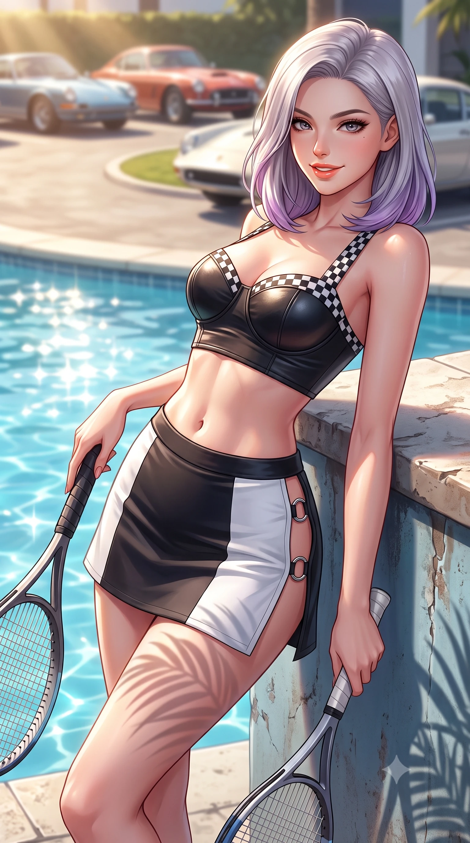 score_9, masterpiece, best quality, ultra-detailed, high-budget anime keyframe, semi-realistic 3D game render, editorial fashion photography, tasteful artistic composition, Caucasian woman. close-up cowboy shot from the waist and thighs up, the character dominates the composition, filling the frame with her large presence. leaning back against the pit wall with relaxed seductive grace, her flat midriff and narrow waist highlighted as sunlight traces her curves while twisting her slender torso in an alluring contrapposto stance, holding a tennis racket while California palm shadows trace her curvy hips. The background shows a soft-focus vintage sports cars parked along the circular driveway softened in golden age Hollywood shallow focus. She has an exceptionally elegant, slender, and willowy female figure with an ultra-slim waist, flat toned midriff, narrow ribcage, and sculpted feminine hips creating an alluring, slim hourglass silhouette without bulk. sharp v-shaped jawline, high-bridge nose, sparkling eyes with athletic focus and depth, thick curled eyelashes, glossy parted lips with a natural coral-peach sheen, bright confident and coquettish smile with alluring bedroom-eyes, exuding both youthful sporty vigor and sovereign high-society glamour, flawlessly proportioned anatomical accuracy, strict slender model proportions, natural body alignment, perfectly sculpted long slender limbs, ultra-slim waistline, clean dynamic posture without body distortion. wearing a chic leather bustier top with checkered flag trim paired with an ultra-short A-line tennis skirt in dual-tone high-contrast racing monochrome, made of smooth liquid-tight stretch jersey emphasizing every curve of her body, finished with sharp laser-cut side ventilation cutouts framed by chrome rings, the glove-like aerodynamic silhouette tightly following the natural contour of her hips and long slender legs with youthful 8.5-heads elegance. bathed in bright California afternoon sunbeams reflecting off sparkling pool water. highly saturated vibrant anime colors, detailed shading with soft gradients, rich glossy textures, high-contrast stereoscopic depth, volumetric dynamic lighting, master piece, 9:16 ratio