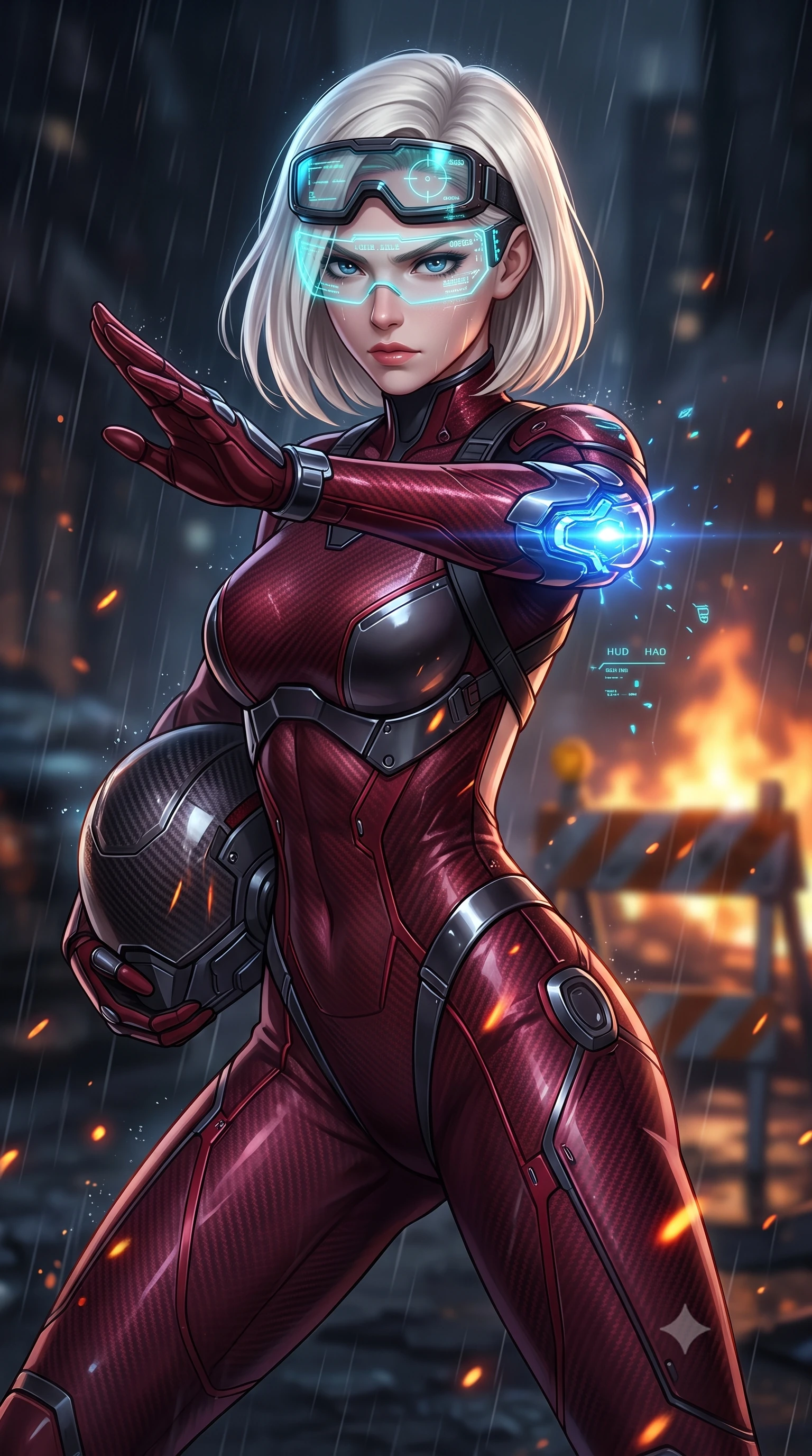 score_9, masterpiece, best quality, ultra-detailed, high-budget anime keyframe, semi-realistic 3D game render, editorial fashion photography, tasteful artistic composition, Caucasian woman. close-up cowboy shot from the waist and thighs up, the character dominates the composition, filling the frame with her large presence. twisting her upper body in a dynamic S-curve martial arts stance, cybernetic elbow dampers glowing with blue energy as she aims a focused palm strike while charging forward through a burning street barricade as holographic tactical goggles cast glowing cyan reticles across her brow. The composition keeps background elements in soft focus with creamy bokeh. drifting fire embers and holographic HUD motes scattering radiant glints across a dark urban warzone. She has an exceptionally elegant, slender, and willowy female figure with an ultra-slim waist, a gracefully sculpted slender torso, toned flat midriff, and a refined slim silhouette. sharp v-shaped jawline, high-bridge nose, intricate jewel-like eyes with depth, thick eyelashes, glossy lips with a natural sheen, fierce and resolute heroine expression, flawlessly proportioned anatomical accuracy, strict slender model proportions, natural body alignment, perfectly sculpted long slender limbs, ultra-slim waistline, clean dynamic posture without body distortion. holding a modular carbon battle-helmet under one arm, her flawless face and sculpted neck exposed to the rain with determined warrior focus, paired with a tailored tactical combat jumpsuit with an open-back harness design, reinforced composite breastplate, and high-mobility elbow dampers in deep battle-scarred crimson carbon weave with specular dark chrome accents, crafted from semi-translucent cybernetic carbon-vinyl interwoven with glowing micro-filaments, finished with high-mobility flexible armor articulation seams and miniature magnetic locks, the form-contouring material adhering flawlessly to her sculpted flat midriff and slender torso, emphasizing her long leg lines and perfectly proportioned willowy build. surrounded by a rebellious, passionate, and fiercely alluring dystopian freedom-fighter aura. rich saturated anime colors with glowing neon highlights, detailed shading with soft gradients, rich glossy textures, high-contrast stereoscopic depth, volumetric dynamic lighting, master piece, 9:16 ratio