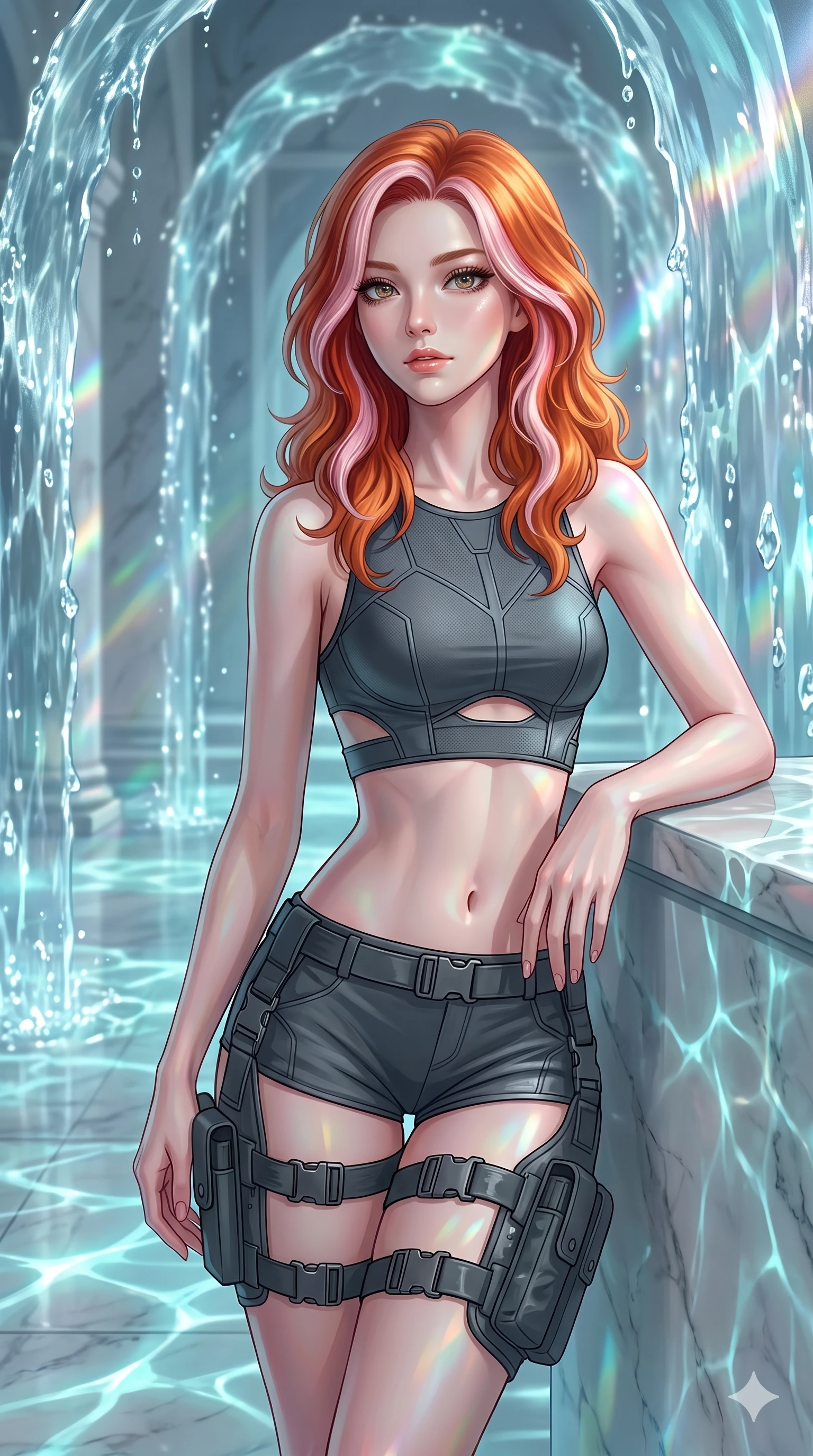score_9, masterpiece, best quality, ultra-detailed, high-budget anime keyframe, editorial fashion photography, tasteful artistic composition, Caucasian woman, strictly human ears. close-up cowboy shot from the waist and thighs up, the character dominates the composition, filling the frame with her large presence, background elements kept in soft focus. Resting one arm elegantly against a surface with a poised relaxed stance. set against a soft-focus background of a celestial palace where water defies gravity and falls upward in shimmering reverse cascades forming archways columns and curtains of suspended crystalline water that catch and bend starlight. She has an exceptionally elegant and slender, willowy female figure with an ultra-slim waist, a gracefully sculpted slender torso, and a refined slim physique. sharp v-shaped jawline, high-bridge nose, intricate jewel-like eyes with depth, thick eyelashes, glossy lips with a natural sheen. wearing a cyber-tactical crop top in dark grey with a subtle waist cutout, paired with matching high-cut shorts and thigh straps. starlight refracting through the upward-flowing water creating constantly shifting caustic light patterns on the palace marble floors and walls in cool aqua tones. 2k, ultra detail, master piece, 9:16 ratio