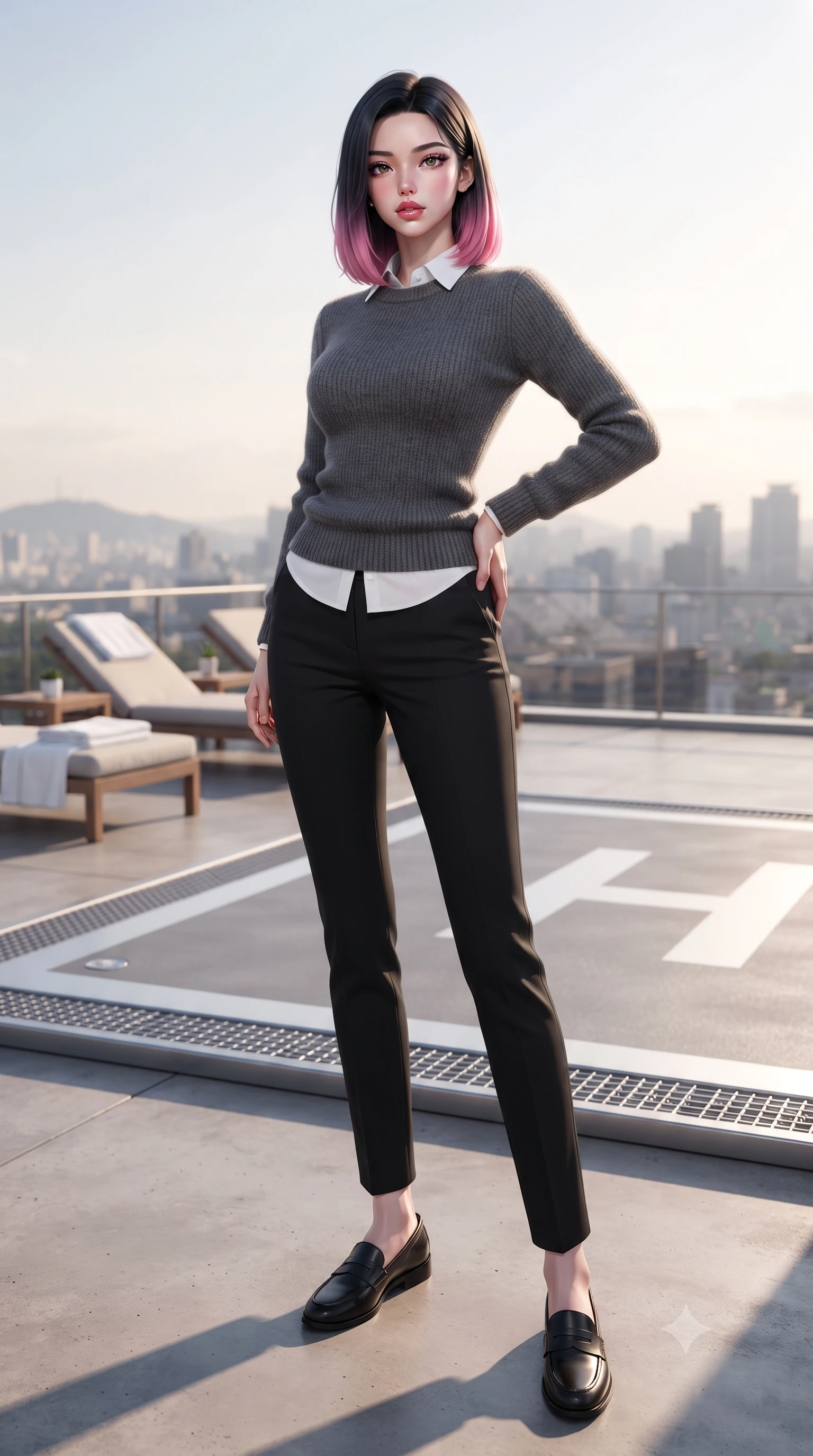 score_9, masterpiece, best quality, ultra-detailed, high-budget anime keyframe, editorial fashion photography, tasteful artistic composition, Korean woman. low angle full-body shot from head to toe showing her feet, filling the entire 9:16 vertical frame with her statuesque presence, stretching her vertical silhouette. posing confidently with one hand on her hip, stretching her statuesque body to emphasize her curves the background shows a soft-focus a rooftop helipad terrace with sunbeds and white towels, looking at city skyline. She has an absolutely perfect, statuesque 8.5-heads proportion, an exceptionally tall and slender model-like female figure with impossibly long slender legs and an ultra-slim waist. sharp v-shaped jawline, high-bridge nose, intricate jewel-like eyes with depth, thick eyelashes, glossy lips with a natural sheen. wearing a body-hugging cozy charcoal grey knit sweater over a white collared shirt and black slacks. bright afternoon sunbeams creating clean, sharp shadows on the concrete. ultra-reflective glossy finish, specular highlights, metallic sheen, high-contrast stereoscopic depth, volumetric dynamic lighting, 2k, ultra detail, master piece, 9:16 ratio