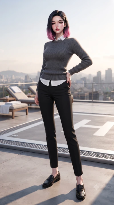 score_9, masterpiece, best quality, ultra-detailed, high-budget anime keyframe, editorial fashion photography, tasteful artistic composition, Korean woman. low angle full-body shot from head to toe showing her feet, filling the entire 9:16 vertical f