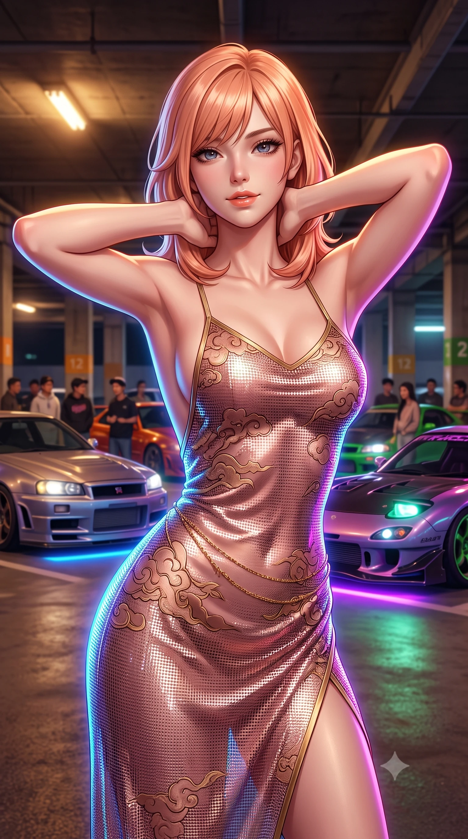 score_9, masterpiece, best quality, ultra-detailed, high-budget anime keyframe, semi-realistic 3D game render, editorial fashion photography, tasteful artistic composition, Japanese woman. close-up cowboy shot from the waist and thighs up, the character dominates the composition, filling the frame with her large presence. resting both hands lightly behind her neck with elbows raised, arching her spine to highlight her narrow waist, flat midriff, and breathtaking collarbones while twisting her slender torso in an alluring S-curve, sodium parking lights and car underglow tracing her narrow waist and curvy hips. The background shows a soft-focus gathering car enthusiasts softened in legendary Japanese automotive shallow focus. She has an exceptionally elegant, slender, and willowy female figure with an ultra-slim waist, flat toned midriff, narrow ribcage, and sculpted feminine hips creating an alluring, slim hourglass silhouette without bulk. sharp v-shaped jawline, high-bridge nose, sparkling eyes with hypnotic seductive depth, thick curled eyelashes, glossy parted lips with a natural dewy peach sheen, alluring bedroom-eyes with an enchanting coquettish smile, exuding magnetic siren charisma and sophisticated glamour, flawlessly proportioned anatomical accuracy, strict slender model proportions, natural body alignment, perfectly sculpted long slender limbs, ultra-slim waistline, clean dynamic posture without body distortion. wearing a backless embroidered silk satin slip dress with traditional cloud motifs contouring her narrow waist and curvy hips in dusky blush rose and antique gold trims, crafted from shimmering fluid chainmail mesh reflecting ambient neon lights, finished with a dainty gold belly chain resting across her flat midriff and curving hips, the high-slit wrap tailoring accentuating her ultra-slim waistline and the enchanting curve of her feminine hips with alluring seductive charm. bathed in warm industrial sodium-vapor parking floodlights mixed with vibrant car neon underglow. highly saturated vibrant anime colors, detailed shading with soft gradients, rich glossy textures, high-contrast stereoscopic depth, volumetric dynamic lighting, master piece, 9:16 ratio