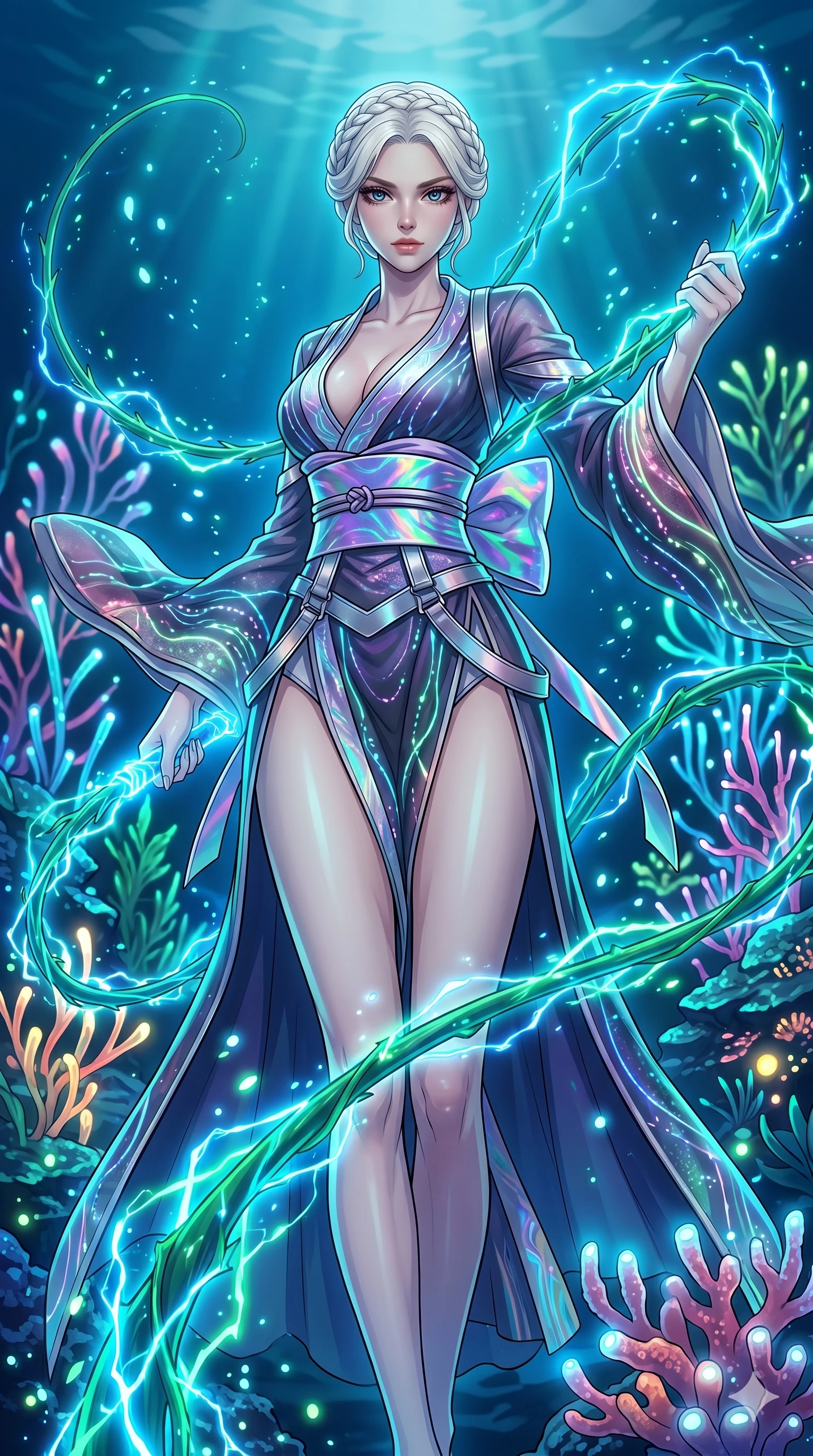 score_9, masterpiece, best quality, ultra-detailed, High-budget Anime Keyframe, vibrant colors, fluid line-art, expressive lighting, cinematic composition, Ufotable-style visual effects, top-tier animation quality, Korean woman with idol-like refined features. Low angle cowboy shot filling the entire 9:16 frame with her statuesque presence, looking up to emphasize her height. Wielding a glowing vine whip that crackles with bioluminescent energy, devoid of thorns. She has an absolutely perfect 8-heads proportion, an exceptionally tall and slender female figure with impossibly long slender legs and an ultra-slim waist, her statuesque height and towering silhouette dominating the vertical 9:16 frame. Her face is a masterpiece featuring a sharp v-shaped jawline, high-bridge nose, intricate jewel-like eyes with depth, thick eyelashes, and glossy lips with a natural sheen. She is wearing a High-slit tech-kimono with a holographic obi and deep-plunging silk hanbok-fusion with metallic straps.. The scene is set in an underwater Eden where the plants are made of light and fiber-optics. 2k, ultra detail, master piece, 9:16 ratio