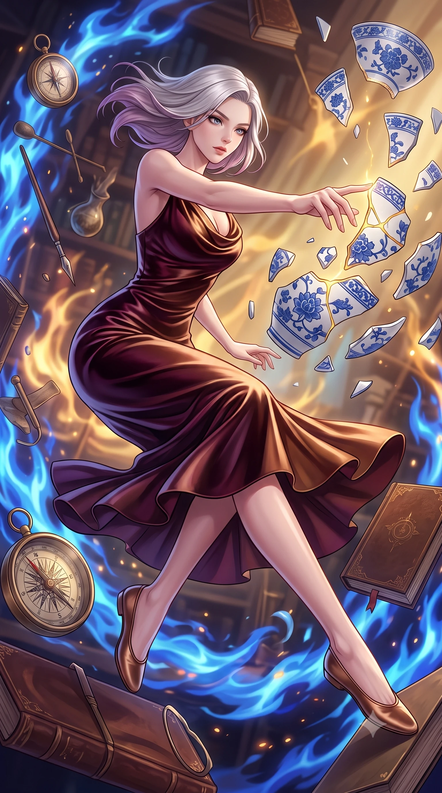 score_9, masterpiece, best quality, ultra-detailed, high-budget anime keyframe, editorial fashion photography, tasteful artistic composition, Caucasian woman. low angle full-body shot from head to toe showing her feet, filling the entire 9:16 vertical frame with her statuesque presence, stretching her vertical silhouette. pivoting dynamically in zero-gravity with fluid body alignment, displaying her perfect model proportions while reaching her arm forward to touch a glowing gold kintsugi seam uniting broken ceramic plates, intricate cobalt blue floral patterns on floating white ceramic vase shards. She has an absolutely perfect, statuesque 8.5-heads proportion, an exceptionally tall and slender model-like female figure with impossibly long slender legs and an ultra-slim waist. sharp v-shaped jawline, high-bridge nose, intricate jewel-like eyes with depth, thick eyelashes, glossy lips with a natural sheen, flawlessly proportioned anatomical accuracy, natural body alignment, perfectly sculpted elegant limbs, clean dynamic posture without body distortion. wearing an elegant cowl-neck satin midi dress with a graceful draped neckline in deep burgundy and bronze, made of premium stretch velvet with a rich sheen, accented with a Tasteful chest slit framing her clavicle gracefully, the glove-like fit emphasizing her statuesque silhouette during motion. illuminated by a dramatic contrast of sapphire alchemy flames and warm golden glow. highly saturated vibrant anime colors, detailed shading with soft gradients, rich glossy textures, high-contrast stereoscopic depth, volumetric dynamic lighting, master piece, 9:16 ratio