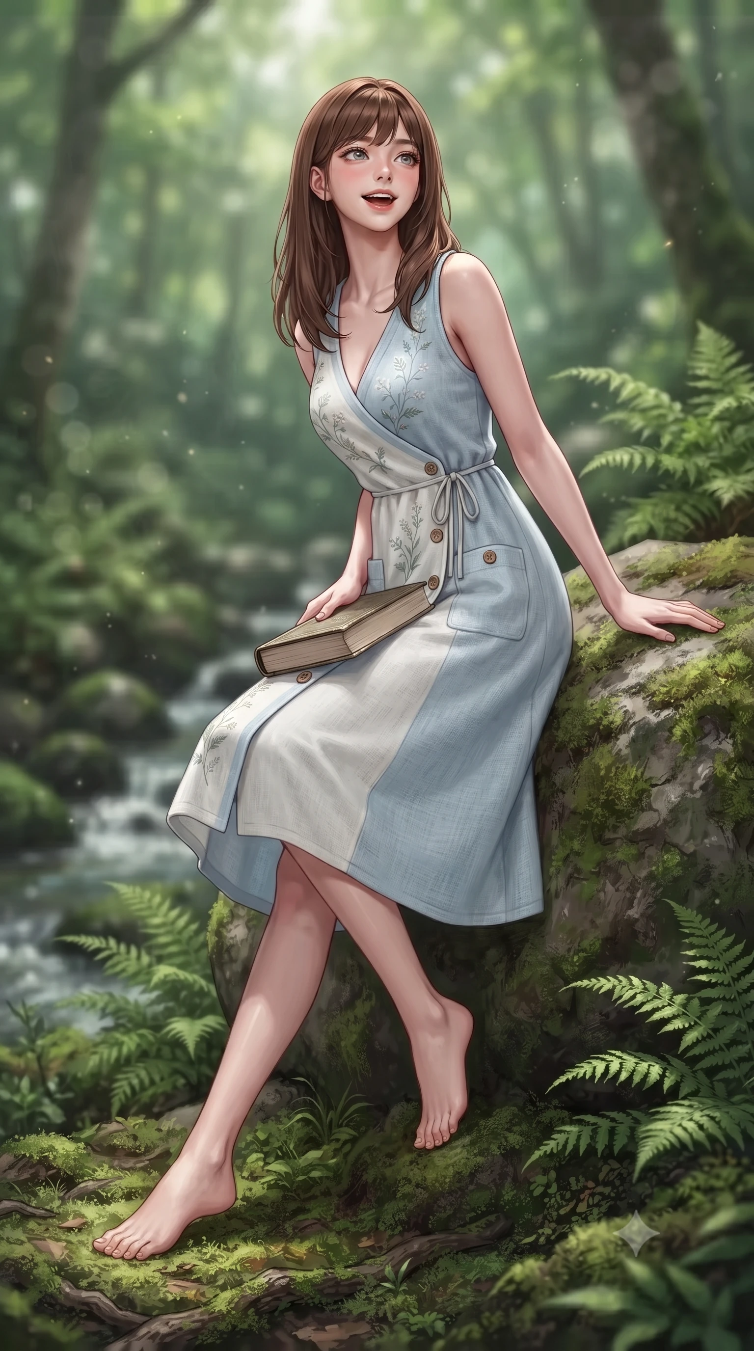 score_9, masterpiece, best quality, ultra-detailed, high-budget anime keyframe, editorial fashion photography, tasteful artistic composition, Korean woman. low angle full-body shot from head to toe showing her feet, filling the entire 9:16 vertical frame with her statuesque presence, stretching her vertical silhouette. stepping forward gracefully in mid-motion with a delighted cute laugh, displaying her tall slender model proportions while leaning against a mossy forest boulder with a book in her lap, looking up with a gentle, enchanting expression. The composition keeps background elements in soft focus with creamy bokeh. babbling brook currents and lush fern undergrowth softened by gentle shallow depth of field. She has an absolutely perfect, statuesque 8.5-heads proportion, an exceptionally tall and slender model-like female figure with impossibly long slender legs, a toned flat midriff, and an ultra-slim waist. sharp v-shaped jawline, high-bridge nose, intricate jewel-like eyes with depth, thick eyelashes, glossy lips with a natural sheen, pure and lovely fresh girlhood expression, flawlessly proportioned anatomical accuracy, strict slender model proportions, natural body alignment, perfectly sculpted long slender limbs, ultra-slim waistline, clean dynamic posture without body distortion. wearing a romantic wrap-style linen sundress with subtle botanical embroidery and a dainty waist tie in gentle baby blue and cloud white, knitted from ultra-soft cozy baby-cashmere yarn, finished with neat natural wooden buttons and patch pocket details, the body-hugging lightweight knit clinging delicately to her slender torso, accentuating her graceful neck and feminine lines. surrounded by a pure, healing, and magically enchanting forest fairy maiden aura. ultra-reflective glossy finish, specular highlights, rich natural textures, high-contrast stereoscopic depth, volumetric dynamic lighting, 2k, ultra detail, master piece, 9:16 ratio