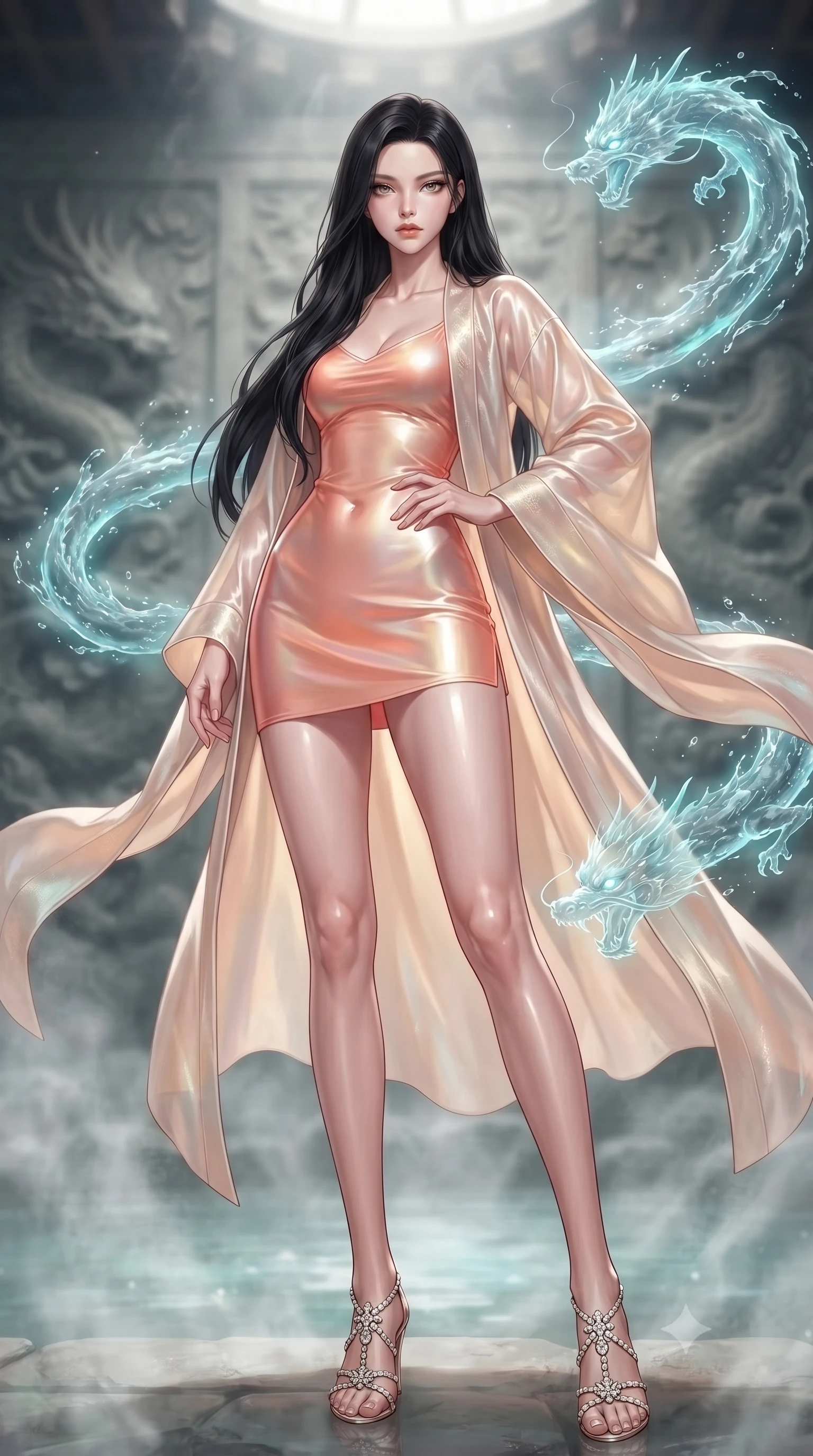score_9, masterpiece, best quality, ultra-detailed, high-budget anime keyframe, editorial fashion photography, tasteful artistic composition, Korean woman. low angle full-body shot from head to toe showing her feet, filling the entire 9:16 vertical frame with her statuesque presence, stretching her vertical silhouette. standing poised with one hip cocked in an alluring high-fashion pose, her tall 8.5-heads proportions dominating the scene while pivoting gracefully as dragon-shaped water streams leap through the air, their cyan glow reflecting on her polished silk attire. The composition keeps background elements in soft focus with creamy bokeh. steaming mineral spring waters and carved dragon reliefs softened in atmospheric depth of field. She has an absolutely perfect, statuesque 8.5-heads proportion, an exceptionally tall and slender model-like female figure with impossibly long slender legs, a toned flat midriff, and an ultra-slim waist. sharp v-shaped jawline, high-bridge nose, intricate jewel-like eyes with depth, thick eyelashes, glossy lips with a natural sheen, captivating and magnetic expression, flawlessly proportioned anatomical accuracy, strict slender model proportions, natural body alignment, perfectly sculpted long slender limbs, ultra-slim waistline, clean dynamic posture without body distortion. wearing an ethereal moon-goddess gossamer robe worn over a form-contouring pearlescent silk slip in sunrise coral and champagne gold, crafted from traditional Korean gossamer silk organza with pearlescent luster, complemented by long flowing silk arm ribbons that float weightlessly in the air, the form-contouring material adhering flawlessly to her sculpted flat midriff and slender torso, emphasizing her long leg lines and perfectly proportioned willowy build. illuminated by wet reflective highlights defining her sculpted neck, waistline, and slender legs. ultra-reflective glossy finish, specular highlights, rich textural contrasts, high-contrast stereoscopic depth, volumetric dynamic lighting, 2k, ultra detail, master piece, 9:16 ratio