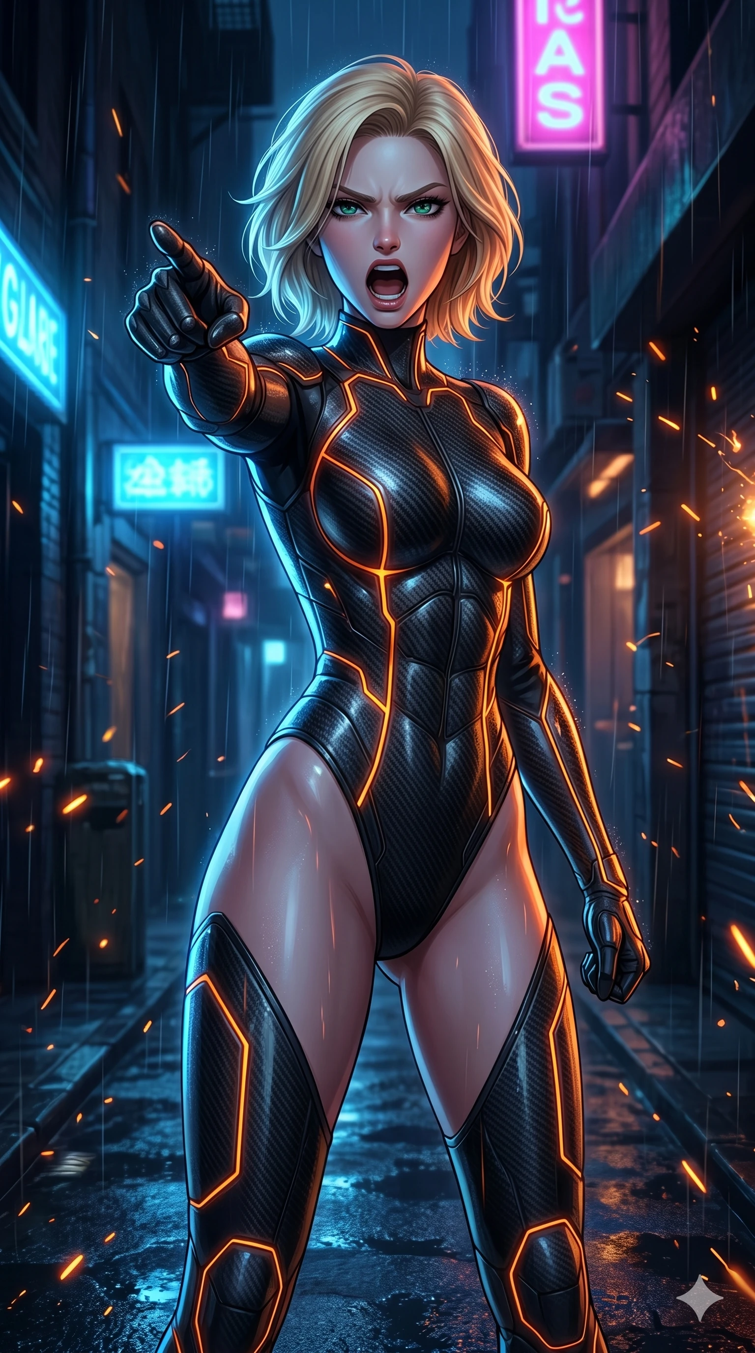 score_9, masterpiece, best quality, ultra-detailed, high-budget anime keyframe, editorial fashion photography, tasteful artistic composition, Caucasian woman, strictly human ears. cowboy shot from the thighs up, character and outfit filling the frame for maximum editorial presence. pointing a finger forward, her lips parted in an indignant, commanding shout of anger standing in a rain-slicked dark alleyway facing off against an unseen enemy (Scenario Code A-5). She has an absolutely perfect 8-heads proportion, an exceptionally tall and slender female figure with impossibly long slender legs and an ultra-slim waist. V-shaped jawline, high-bridge nose, intricate jewel-like eyes with depth, thick eyelashes, glossy lips with a natural sheen. wearing a high-cut carbon-fiber combat suit with glowing orange seams tracing her muscular build. bathed in a high-contrast chiaroscuro with a cold blue key light and warm orange sparks. 2k, ultra detail, master piece, 9:16 ratio