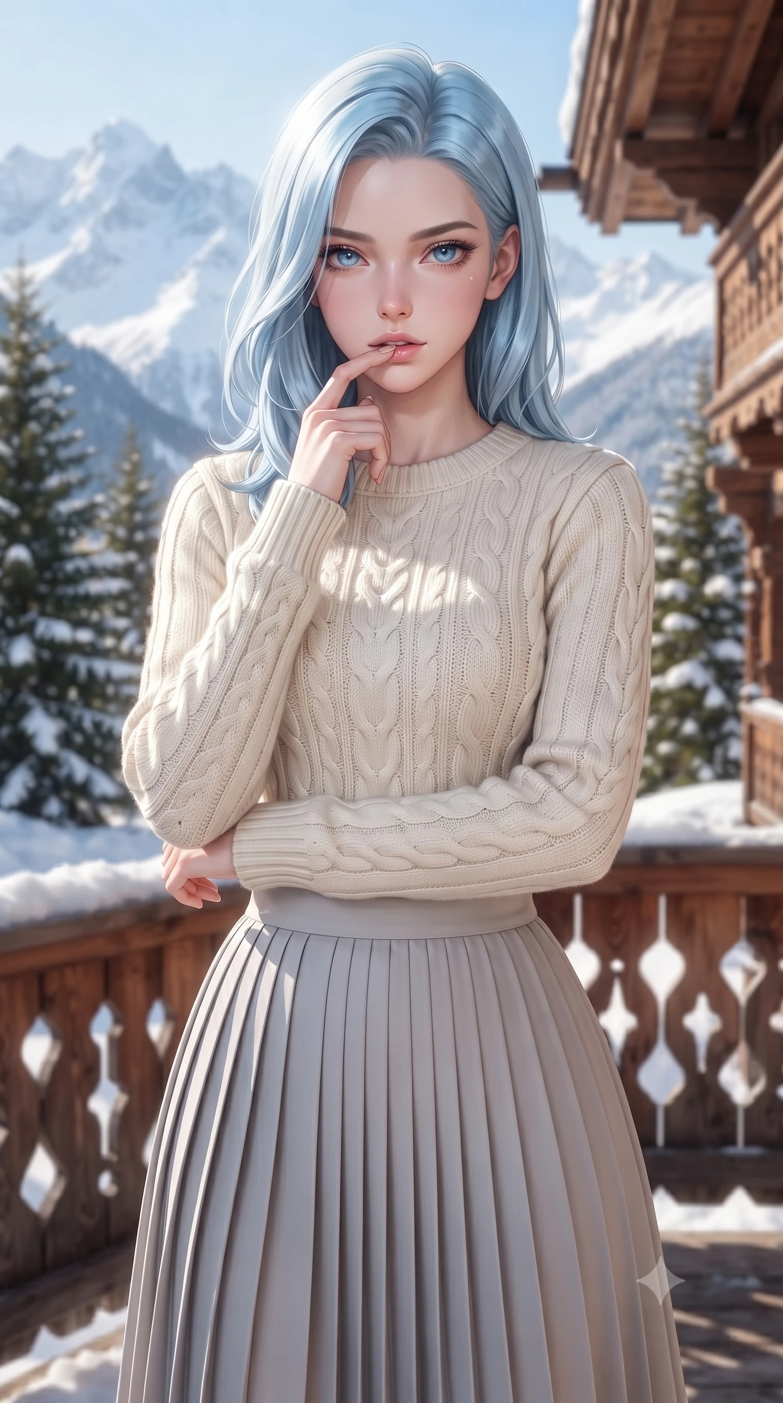score_9, masterpiece, best quality, ultra-detailed, high-budget anime keyframe, editorial fashion photography, tasteful artistic composition, Korean woman woman. close-up cowboy shot from the waist and thighs up, the character dominates the composition, filling the frame with her large presence, background elements kept in soft focus. pressing one finger to her bottom lip in a thoughtful, seductive gesture under the warm sun the background shows a soft-focus a wooden veranda of a luxury chalet facing majestic snow-capped peaks. She has an exceptionally elegant, slender, and willowy female figure with an ultra-slim waist, a gracefully sculpted slender torso, and a refined silhouette. sharp v-shaped jawline, high-bridge nose, intricate jewel-like eyes with depth, thick eyelashes, glossy lips with a natural sheen. wearing a form-contouring cozy cable-knit knit sweater in ivory wool, paired with a pleated light grey midi skirt. bright morning alpine sun highlighting the white snow and green pine trees. ultra-reflective glossy finish, specular highlights, metallic sheen, high-contrast stereoscopic depth, volumetric dynamic lighting, 2k, ultra detail, master piece, 9:16 ratio
