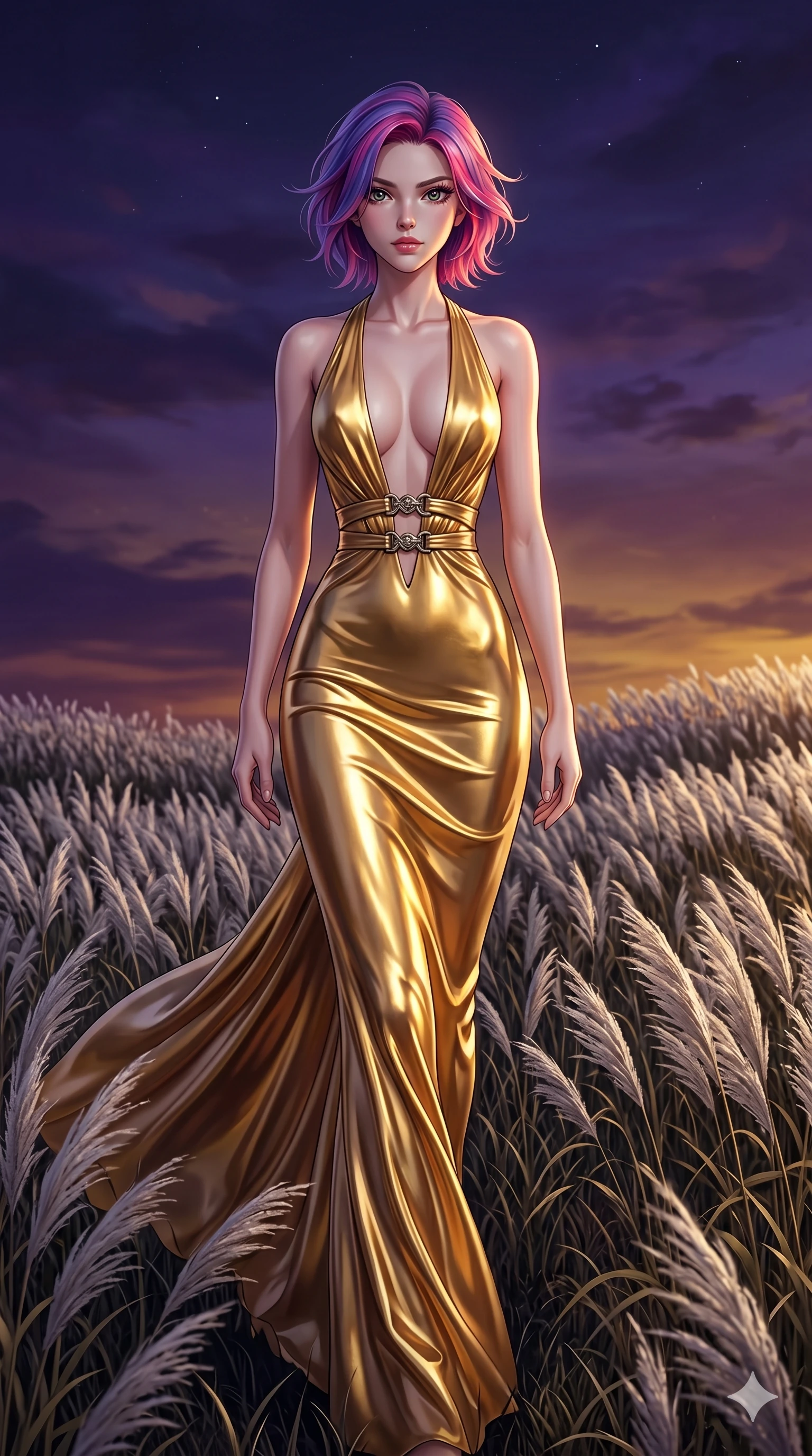 score_9, masterpiece, best quality, ultra-detailed, High-budget Anime Keyframe, East Asian woman. Dynamic full-body shot stretching the vertical silhouette to the limit. Scenario 288: Walking through a field of tall silver grass at twilight. Her presence is magnetic and overpowering in this high-budget anime scene. Outfit 288: A molten liquid silk gold with a plunging V-neckline and metallic buckles. The clothing is designed to emphasize her exceptionally tall and slender 8-heads proportion. 8-heads proportion, towering silhouette, ultra-slim waist. sharp v-shaped jawline, intricate jewel-like eyes with depth, thick eyelashes, glossy lips. 2k, ultra detail, master piece, 9:16 ratio