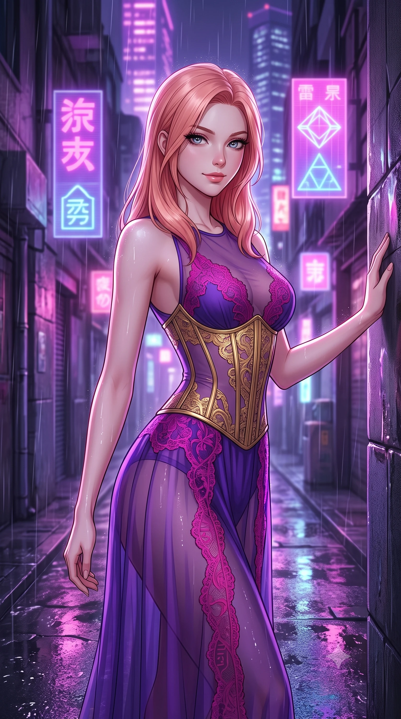 score_9, masterpiece, best quality, ultra-detailed, high-budget anime keyframe, editorial fashion photography, tasteful artistic composition, Japanese woman. close-up cowboy shot from the waist and thighs up, the character dominates the composition, filling the frame with her large presence, background elements kept in soft focus. Smiling softly with a knowing, happy look in her eyes. set against a soft-focus background of in a narrow alleyway at night during a rainstorm, with wet concrete reflecting the purple neon of nearby skyscrapers and floating holographic ads. She has an exceptionally elegant, slender, and willowy female figure with a highly-defined ultra-slim waist, a gracefully sculpted slender torso, and a refined slim-fit silhouette that contours her form. sharp v-shaped jawline, high-bridge nose, intricate jewel-like eyes with depth, thick eyelashes, glossy lips with a natural sheen. wearing a floor-length sheer gown in royal purple, featuring strategic fuchsia lace placement and a structured gold corset. saturated purple and pink neon light reflecting off the wet asphalt, creating sharp colorful specular highlights. 2k, ultra detail, master piece, 9:16 ratio