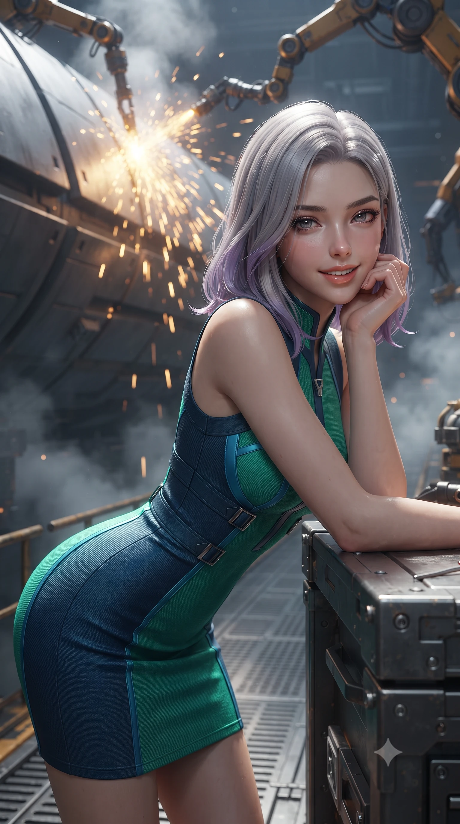 score_9, masterpiece, best quality, ultra-detailed, high-budget anime keyframe, editorial fashion photography, tasteful artistic composition, Caucasian woman. close-up cowboy shot from the waist and thighs up, the character dominates the composition, filling the frame with her large presence. resting one elbow on the table and supporting her chin, leaning close to the camera with heavy-lidded sparkling eyes and parted lips while standing poised on the magnetic catwalk in the zero-gravity starship drydock, arching her back with siren allure as robotic welding arms shower bright golden sparks over massive hull armor plates. The background shows a soft-focus welding vapor haze softened in zero-gravity naval drydock shallow focus. She has an exceptionally elegant, slender, and willowy female figure with an ultra-slim waist, flat toned midriff, narrow ribcage, and sculpted feminine hips creating an alluring, slim hourglass silhouette without bulk. sharp v-shaped jawline, high-bridge nose, intricate jewel-like sparkling eyes with depth, thick eyelashes, glossy parted lips with a natural peach sheen, bright cheerful beaming smile with an enchanting and coquettish sensual glint, exuding both youthful cute charm and seductive allure, flawlessly proportioned anatomical accuracy, strict slender model proportions, natural body alignment, perfectly sculpted long slender limbs, ultra-slim waistline, clean dynamic posture without body distortion. wearing a dense bandage-knit tactical officer dress with subtle geometric chest accents contouring her delicate ribcage and feminine hips in bioluminescent emerald and abyssal sapphire, crafted from bespoke double-faced cashmere with an exceptionally soft tactile finish, finished with sleek magnetic buckle closures fluttering in the breeze, the glove-like clinging cut tightly following the natural contour of her hips and long slender legs with youthful 8.5-heads elegance. illuminated by dark hull reflection bounce and sharp molten-gold rim lights sculpting her razor-sharp jawline, narrow waist, and curvy hips. ultra-reflective glossy finish, specular highlights, rich textural contrasts, high-contrast stereoscopic depth, volumetric dynamic lighting, 2k, ultra detail, master piece, 9:16 ratio