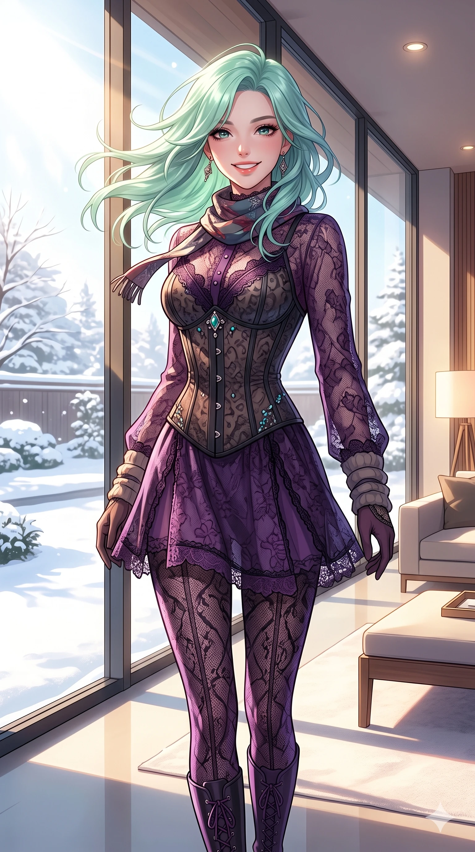 score_9, masterpiece, best quality, ultra-detailed, high-budget anime keyframe, vibrant anime aesthetic, Japanese woman. cowboy shot from the thighs up, character and outfit filling the frame for maximum presence. She is standing tall with a lively winter smile, her hair blowing in the winter breeze inside a modern villa with a snowy garden view (Code-P21-149). She has an absolutely perfect 8-heads proportion, an exceptionally tall and slender female figure with impossibly long slender legs and an ultra-slim waist. V-shaped jawline, high-bridge nose, intricate jewel-like eyes with depth, thick eyelashes, glossy lips with a natural sheen. wearing a semi-opaque corset over a purple lace slip dress in the winter sun. She is bathed in brilliant midday winter sunbeams, casting sharp highlights that outline her slim waist. 2k, ultra detail, master piece, 9:16 ratio