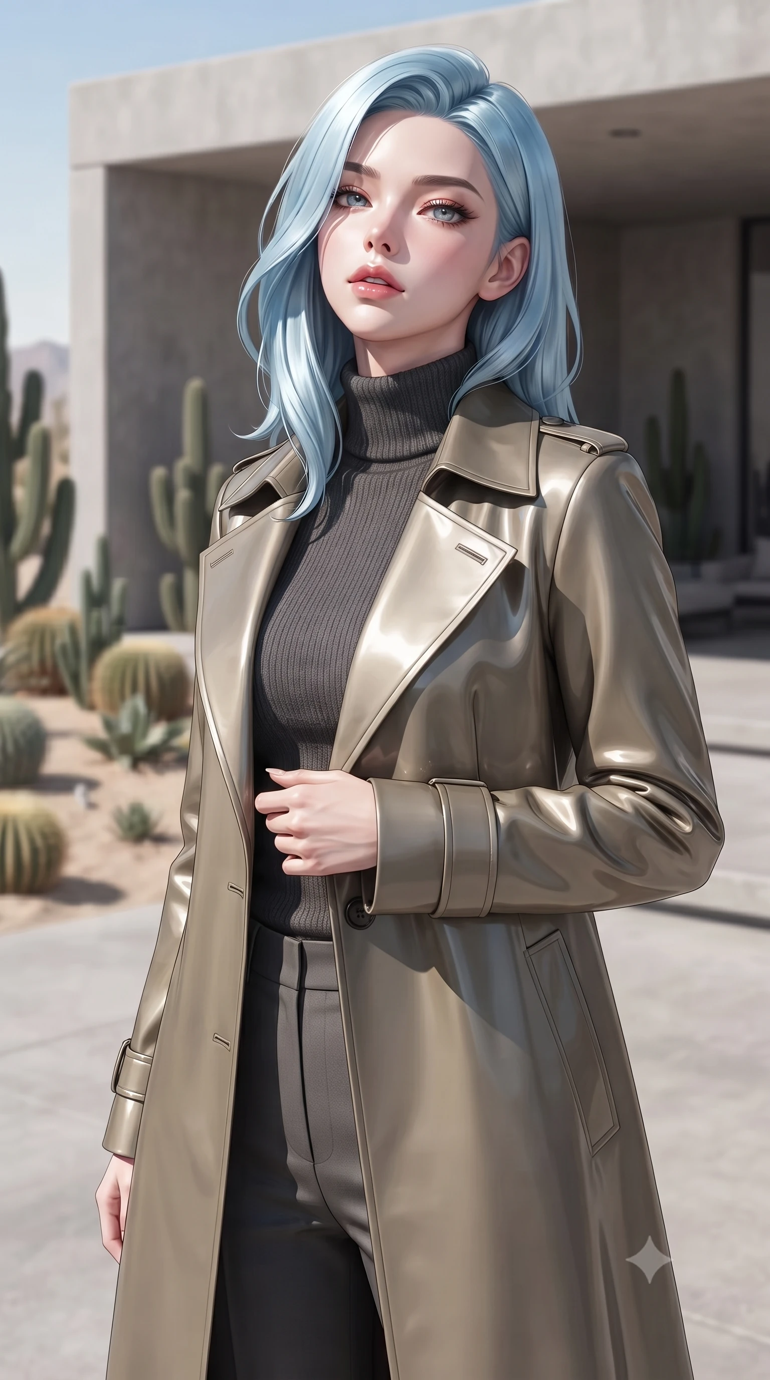 score_9, masterpiece, best quality, ultra-detailed, high-budget anime keyframe, editorial fashion photography, tasteful artistic composition, Korean woman. close-up cowboy shot from the waist and thighs up, the character dominates the composition, filling the frame with her large presence, background elements kept in soft focus. tilting her chin up slightly with lips parted in a composed, provocative expression the background shows a soft-focus a minimalist concrete patio of a desert villa, with cacti and sand landscaping. She has an exceptionally elegant, slender, and willowy female figure with an ultra-slim waist, a gracefully sculpted slender torso, and a refined silhouette. sharp v-shaped jawline, high-bridge nose, intricate jewel-like eyes with depth, thick eyelashes, glossy lips with a natural sheen. wearing a form-contouring tailored trench coat in khaki cotton, worn closed over a high-neck dark grey knit sweater and trousers. bright midday sun rays creating clean, sharp shadows and reflections. ultra-reflective glossy finish, specular highlights, metallic sheen, high-contrast stereoscopic depth, volumetric dynamic lighting, 2k, ultra detail, master piece, 9:16 ratio