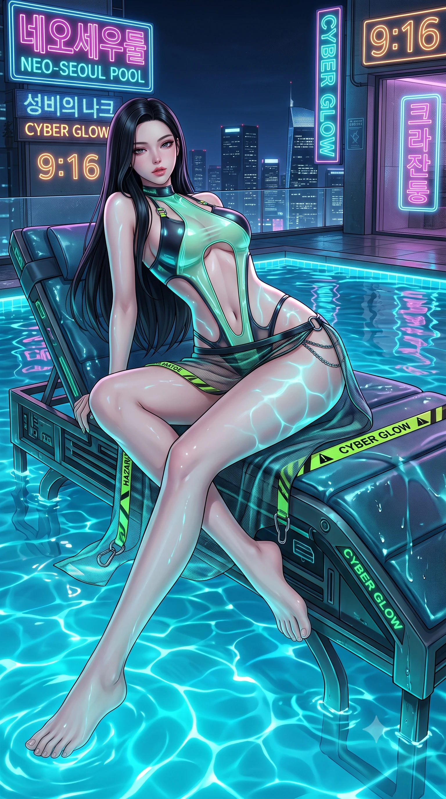 score_9, masterpiece, best quality, ultra-detailed, high-budget anime keyframe, semi-realistic 3D game render, editorial fashion photography, tasteful artistic composition, Korean woman. low angle full-body shot from head to toe showing her feet, filling the entire 9:16 vertical frame with her statuesque presence, stretching her vertical silhouette. striding forward in a proud supermodel runway stride, hips swaying in an alluring kinetic rhythm that accentuates her curvy hourglass silhouette while reclining on a submerged pool daybed with water lapping at her waist, arching her spine as glowing cyan pool caustics trace her curvy hips. The surrounding environment is rendered in vivid detail and crisp panoramic clarity. detailed neon sign typography, wet fabric sheen, and night skyline reflections in high clarity. She has an absolutely perfect, statuesque 8.5-heads proportion, an exceptionally tall and slender model-like female figure with impossibly long slender legs, a toned flat midriff, an ultra-slim waist, and beautifully sculpted feminine hips. sharp v-shaped jawline, high-bridge nose, intricate jewel-like eyes with depth, thick eyelashes, glossy parted lips with a natural sheen, intensely captivating and seductive bedroom-eyes expression, flawlessly proportioned anatomical accuracy, strict slender model proportions, natural body alignment, perfectly sculpted long slender limbs, ultra-slim waistline, clean dynamic posture without body distortion. wearing a cutout cyberpunk bodysuit paired with a sheer mesh beach sarong and metallic hip chain in neon mint green and dark obsidian, made of semi-translucent cybernetic vinyl with glowing micro-filaments, finished with high-visibility hazard warning tape details and carabiner clips, the precision-cut side openings and low-back scoop framing her graceful spine and the sensual sweep of her hips. illuminated by wet specular bounce lights accentuating her feminine waist-to-hip hourglass contour. highly saturated vibrant anime colors, detailed shading with soft gradients, rich glossy textures, high-contrast stereoscopic depth, volumetric dynamic lighting, master piece, 9:16 ratio