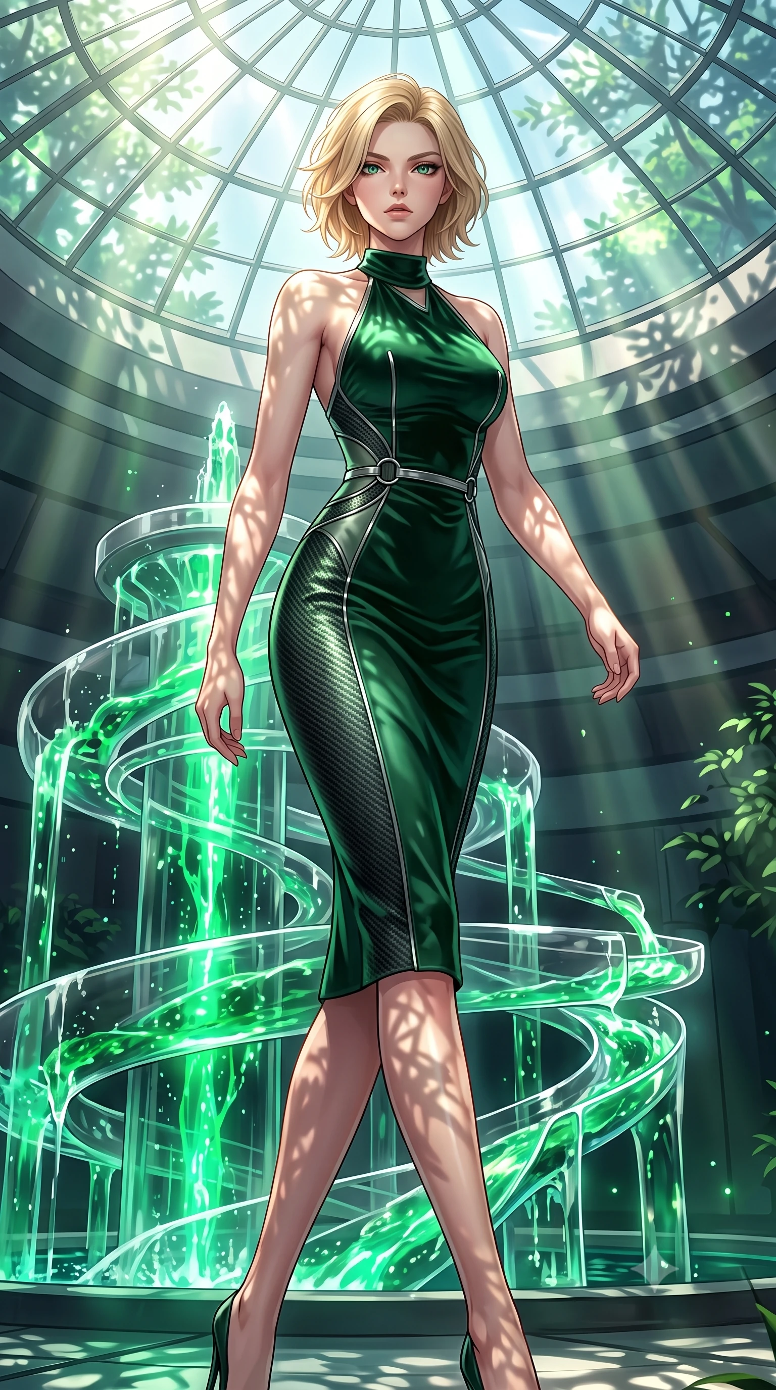 score_9, masterpiece, best quality, ultra-detailed, high-budget anime keyframe, editorial fashion photography, tasteful artistic composition, Caucasian woman. low angle full-body shot from head to toe showing her feet, filling the entire 9:16 vertical frame with her statuesque presence, stretching her vertical silhouette. forging dynamically through the scene, her vertical silhouette beautifully stretched standing by a hydro-flow spiral fountain flowing with bioluminescent emerald sap, intense volumetric sunbeams filtering through the glass ceiling. She has an absolutely perfect, statuesque 8.5-heads proportion, an exceptionally tall and slender model-like female figure with impossibly long slender legs and an ultra-slim waist. sharp v-shaped jawline, high-bridge nose, intricate jewel-like eyes with depth, thick eyelashes, glossy lips with a natural sheen. wearing a velvet halter-neck midi dress following her form like a glove in deep emerald green and silver accent, made of fine carbon-fiber weave and soft matte leather, accented with delicate chrome ring hardware framing her waist, the elegant draped fit framing her graceful clavicle and slender torso. illuminated by brilliant sunbeams casting organic leaf stencil shadows. highly saturated vibrant anime colors, detailed shading with soft gradients, rich glossy textures, high-contrast stereoscopic depth, volumetric dynamic lighting, master piece, 9:16 ratio