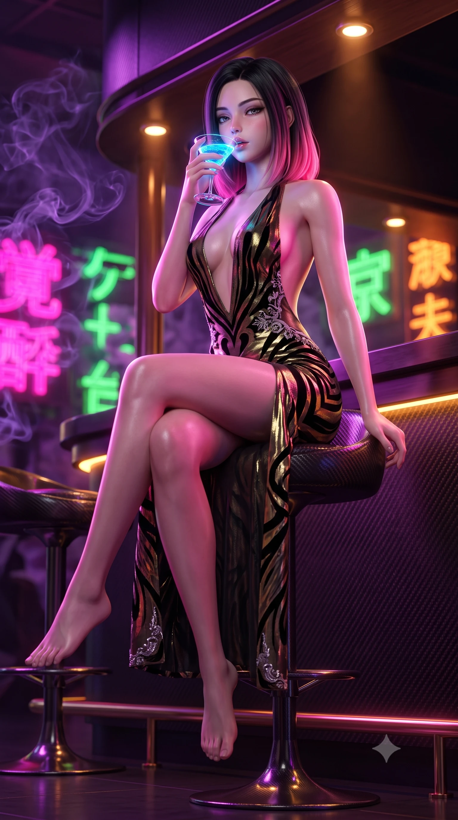 score_9, masterpiece, best quality, ultra-detailed, high-budget anime keyframe, semi-realistic 3D game render, editorial fashion photography, tasteful artistic composition, Korean woman. low angle full-body shot from head to toe showing her feet, filling the entire 9:16 vertical frame with her statuesque presence, stretching her vertical silhouette. sitting perched on the elevated edge with hips angled toward the camera and legs crossed, displaying her toned midriff and flawlessly sculpted slender limbs while sitting high on a polished carbon barstool with legs crossed, arching her lower back while holding a glowing neon cocktail to her parted glossy lips. The composition keeps background elements in soft focus with creamy bokeh. swirling violet cigar smoke wisps and neon kanji holographic signs blurred into hot magenta, laser green, and deep amber bokeh. She has an exceptionally tall and slender model-like 8.5-heads proportion, an ultra-slim waist, a flat toned midriff, narrow delicate ribcage, and beautifully sculpted feminine hips creating a graceful, slim hourglass silhouette without any bulky heaviness, with impossibly long slender legs. sharp v-shaped jawline, high-bridge nose, intricate jewel-like eyes with depth, thick eyelashes, glossy parted lips with a natural sheen, intensely captivating and seductive bedroom-eyes expression, flawlessly proportioned anatomical accuracy, strict slender model proportions, natural body alignment, perfectly sculpted long slender limbs, ultra-slim waistline, clean dynamic posture without body distortion. wearing a plunging halter-neck metallic lamé column dress with a dramatic bare spine and hip-defining ruching in midnight obsidian black and liquid gold, made of sheer contouring power-mesh with velvet flocking patterns, finished with delicate crystal frost embroidery tracing the plunging neckline, the second-skin form-contouring cut accentuating her sculpted flat midriff, narrow delicate ribcage, and gracefully curvy hips with supermodel precision. bathed in rich magenta and electric violet neon light contrasting with warm amber bar downlights. highly saturated vibrant anime colors, detailed shading with soft gradients, rich glossy textures, high-contrast stereoscopic depth, volumetric dynamic lighting, master piece, 9:16 ratio