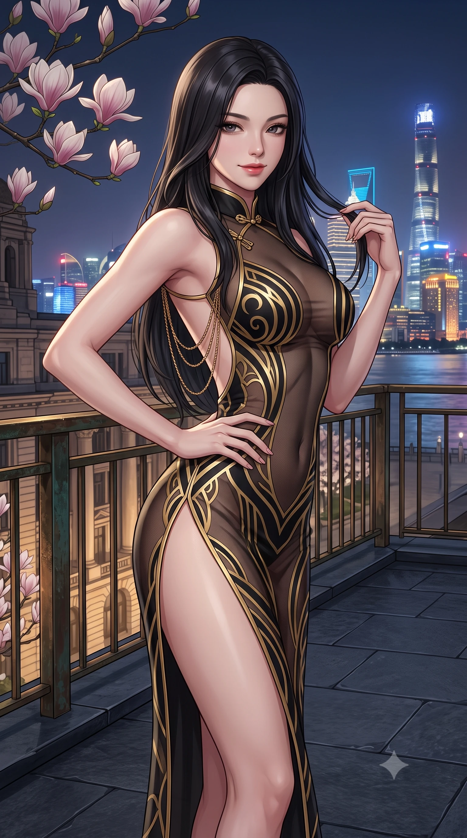 score_9, masterpiece, best quality, ultra-detailed, high-budget anime keyframe, semi-realistic 3D game render, editorial fashion photography, tasteful artistic composition, Korean woman. close-up cowboy shot from the waist and thighs up, the character dominates the composition, filling the frame with her large presence. twisting her slender torso in an alluring contrapposto stance, one hand resting on her sculpted hip while her fingers toy with her hair with effortless poise while standing poised on the cantilevered dark slate deck jutting out over the historic Bund colonnades, arching her lower back to emphasize her curvy hips in the night breeze. The surrounding environment is rendered in vivid detail and crisp panoramic clarity: sharp magnolia flower petal veins, weathered bronze railing patina, and dark slate paver joints in deep focus. She has an exceptionally elegant, slender, and willowy female figure with an ultra-slim waist, flat toned midriff, narrow ribcage, and sculpted feminine hips creating an alluring, slim hourglass silhouette without bulk. sharp v-shaped jawline, high-bridge nose, sparkling eyes with hypnotic seductive depth, thick curled eyelashes, glossy parted lips with a natural dewy peach sheen, alluring bedroom-eyes with an enchanting coquettish smile, exuding magnetic siren charisma and sophisticated glamour, flawlessly proportioned anatomical accuracy, strict slender model proportions, natural body alignment, perfectly sculpted long slender limbs, ultra-slim waistline, clean dynamic posture without body distortion. wearing a modern cheongsam-inspired form-fitting sheer mesh cocktail dress with mandarin collar and dramatic hip-high side slits in Shanghai Art Deco black and polished brass gold, tailored from fine structural neoprene with crisp architectural edges and smooth contouring, accented with an open-back drape framed by falling strands of delicate gold chains, the form-contouring silhouette accentuating her sculpted flat midriff, narrow delicate ribcage, and gracefully curvy hips with intoxicating allure. bathed in soft 2800K low-voltage garden ground spotlights highlighting magnolia branches mixed with cool river skyline glow. highly saturated vibrant anime colors, detailed shading with soft gradients, rich glossy textures, high-contrast stereoscopic depth, volumetric dynamic lighting, master piece, 9:16 ratio