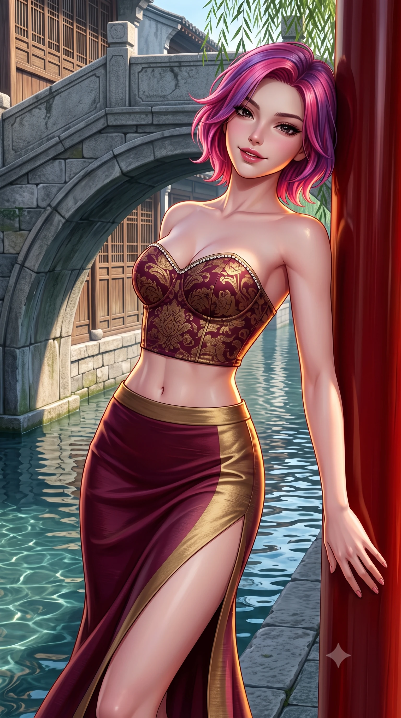 score_9, masterpiece, best quality, ultra-detailed, high-budget anime keyframe, semi-realistic 3D game render, editorial fashion photography, tasteful artistic composition, Caucasian woman. close-up cowboy shot from the waist and thighs up, the character dominates the composition, filling the frame with her large presence. leaning back against the red lacquer pillar with relaxed seductive grace, her flat midriff and narrow waist highlighted as warm lantern light traces her curves while standing poised on the ancient arched stone bridge above the clear canal water, arching her spine with sovereign geisha-inspired poise. The surrounding environment is rendered in vivid detail and crisp panoramic clarity: sharp stone bridge masonry, weathered machiya cedar lattice, and delicate willow leaf venation in deep focus. She has an exceptionally elegant, slender, and willowy female figure with an ultra-slim waist, flat toned midriff, narrow ribcage, and sculpted feminine hips creating an alluring, slim hourglass silhouette without bulk. sharp v-shaped jawline, high-bridge nose, intricate jewel-like dark sparkling almond eyes with depth, thick lashes, glossy parted lips with a natural rose-plum sheen, bright alluring and coquettish smile with bedroom-eyes, exuding both timeless oriental elegance and sovereign high-fashion allure, flawlessly proportioned anatomical accuracy, strict slender model proportions, natural body alignment, perfectly sculpted long slender limbs, ultra-slim waistline, clean dynamic posture without body distortion. wearing a sweetheart-neckline oriental jacquard bustier top paired with a curve-hugging high-slit mermaid maxi skirt in deep wine burgundy and brushed antique gold, tailored from smooth celadon raw silk with natural organic slub texture, finished with subtle crystal rhinestones tracing the elegant neckline, the form-contouring cut accentuating her sculpted flat midriff, narrow delicate ribcage, and gracefully curvy hips with regal oriental supermodel elegance. illuminated by rippling canal water reflections and sharp amber rim lighting sculpting her razor-sharp jawline, narrow waist, and curvy hips. highly saturated vibrant anime colors, detailed shading with soft gradients, rich glossy textures, high-contrast stereoscopic depth, volumetric dynamic lighting, master piece, 9:16 ratio