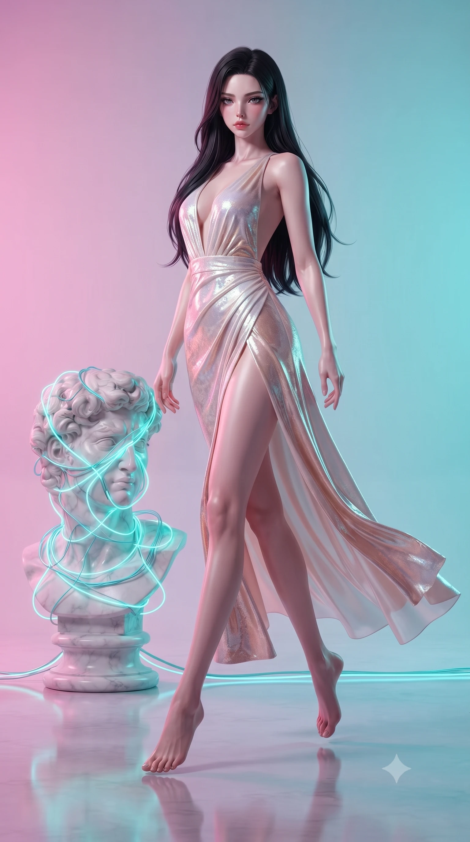 score_9, masterpiece, best quality, ultra-detailed, high-budget anime keyframe, editorial fashion photography, tasteful artistic composition, Korean woman. low angle full-body shot from head to toe showing her feet, filling the entire 9:16 vertical frame with her statuesque presence, stretching her vertical silhouette. leaping gracefully through the environment with statuesque elegance and long slender legs standing beside a marble classical bust statue glowing with turquoise neon wires, pastel pink and turquoise gradients creating a nostalgic 80s aesthetic. She has an absolutely perfect, statuesque 8.5-heads proportion, an exceptionally tall and slender model-like female figure with impossibly long slender legs and an ultra-slim waist. sharp v-shaped jawline, high-bridge nose, intricate jewel-like eyes with depth, thick eyelashes, glossy lips with a natural sheen. wearing a backless crushed velvet gown with a deep V-neckline and high thigh slit in pearl white and rose gold, crafted from iridescent chiffon that shifts colors in the light, finished with a sleek side slit ascending to mid-thigh, the glove-like fit emphasizing her statuesque silhouette. surrounded by a dreamlike vaporwave ambiance with smooth gradients. ultra-reflective glossy finish, specular highlights, metallic sheen, high-contrast stereoscopic depth, volumetric dynamic lighting, 2k, ultra detail, master piece, 9:16 ratio