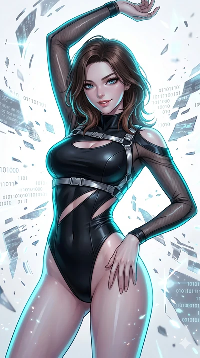 score_9, masterpiece, best quality, ultra-detailed, high-budget anime keyframe, Korean woman. Upper body close-up from the thighs up, character filling the screen for maximum presence. She is leaning back with a seductive, challenging smile amidst sw
