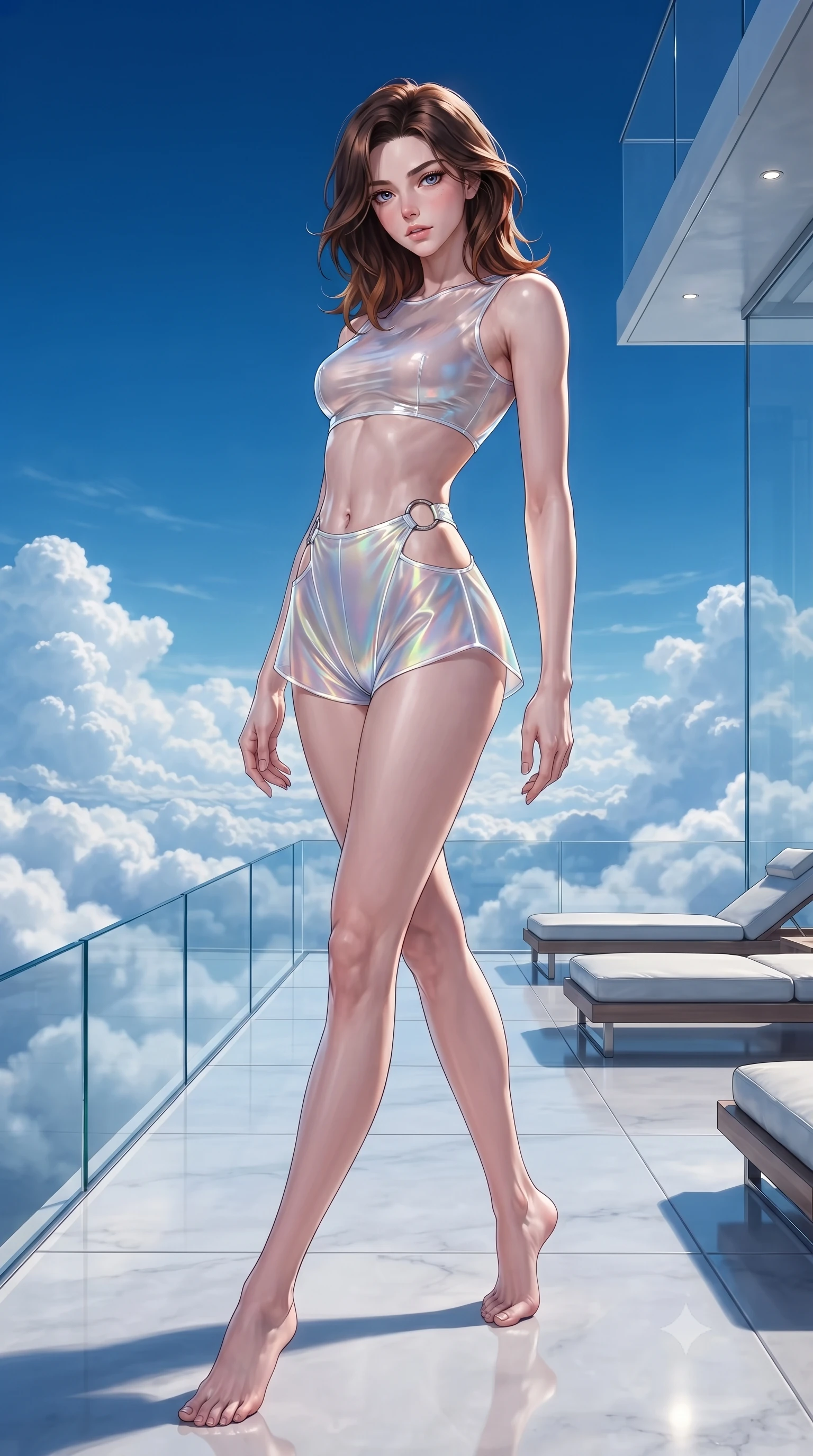 score_9, masterpiece, best quality, ultra-detailed, high-budget anime keyframe, editorial fashion photography, tasteful artistic composition, Korean woman. low angle full-body shot from head to toe showing her feet, filling the entire 9:16 vertical frame with her statuesque presence, stretching her vertical silhouette. arching her back in a fluid zero-gravity turn with sovereign grace, her long slender legs and sculpted torso creating a sweeping line while pivoting dynamically on a polished quartz terrace suspended above rolling white cumulus cloud banks. The surrounding environment is rendered in vivid detail and crisp panoramic clarity. sharp glass parapet seams, modern luxury spa loungers, and deep blue sky in high clarity. She has an absolutely perfect, statuesque 8.5-heads proportion, an exceptionally tall and slender model-like female figure with impossibly long slender legs, a toned flat midriff, and an ultra-slim waist. sharp v-shaped jawline, high-bridge nose, intricate jewel-like eyes with depth, thick eyelashes, glossy lips with a natural sheen, flawlessly proportioned anatomical accuracy, strict slender model proportions, natural body alignment, perfectly sculpted long slender limbs, ultra-slim waistline, clean dynamic posture without body distortion. wearing an ultra-minimalist clear vinyl crop top and high-waist tech-briefs accented with glowing neon fiber seams in glistening liquid pearl white with rainbow opalescence, made of smooth iridescent silk chiffon that shifts colors with movement, detailed with polished silver rings connecting the daring side-waist cutouts, the form-contouring material adhering flawlessly to her sculpted flat midriff and slender torso, emphasizing her long leg lines and perfectly proportioned willowy build. bathed in dazzling high-noon sunlight and rich sky-blue ambient bounce light. ultra-reflective glossy finish, specular highlights, metallic sheen, high-contrast stereoscopic depth, volumetric dynamic lighting, 2k, ultra detail, master piece, 9:16 ratio