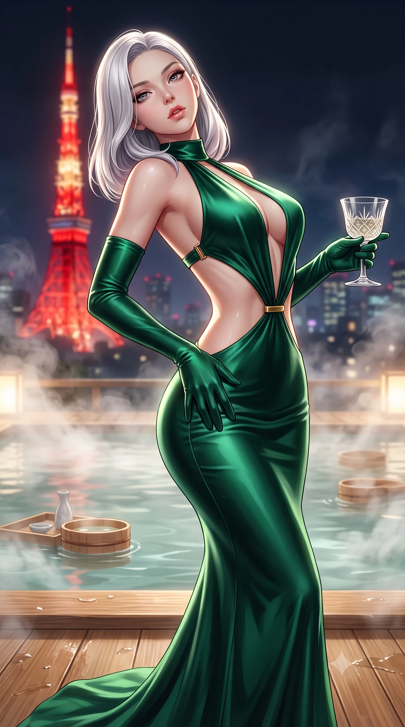 score_9, masterpiece, best quality, ultra-detailed, high-budget anime keyframe, semi-realistic 3D game render, editorial fashion photography, tasteful artistic composition, Caucasian woman. close-up cowboy shot from the waist and thighs up, the character dominates the composition, filling the frame with her large presence. arching her spine backward with effortless dancer poise, one hand sliding along her hip line as directional light carves specular highlights along her silhouette while standing poised on the wet hinoki wooden deck beside the water's edge, turning in an alluring silhouette as Tokyo Tower glows crimson behind her. The composition keeps background elements in soft focus with creamy bokeh. floating wooden sake cedar trays and onsen steam swirls softened in sensual atmospheric shallow focus. She has an exceptionally elegant, slender, and willowy female figure with an ultra-slim waist, flat toned midriff, narrow ribcage, and sculpted feminine hips creating an alluring, slim hourglass silhouette without bulk. sharp v-shaped jawline, high-bridge nose, intricate jewel-like eyes with depth, thick eyelashes, glossy parted lips with a natural sheen, intensely captivating and seductive bedroom-eyes expression, flawlessly proportioned anatomical accuracy, strict slender model proportions, natural body alignment, perfectly sculpted long slender limbs, ultra-slim waistline, clean dynamic posture without body distortion. wearing a sculptured liquid-satin mermaid gown with an architectural open-waist cutout and bare spine in deep emerald green satin and gold hardware, tailored from liquid silk jersey adhering flawlessly to her slender build, accessorized with opera-length satin gloves and a vintage crystal glass, the second-skin form-contouring cut accentuating her sculpted flat midriff, narrow delicate ribcage, and gracefully curvy hips with supermodel precision. illuminated by rising steam backlights and city glow softly contouring her razor-sharp jawline, narrow waist, and curvy hips. highly saturated vibrant anime colors, detailed shading with soft gradients, rich glossy textures, high-contrast stereoscopic depth, volumetric dynamic lighting, master piece, 9:16 ratio