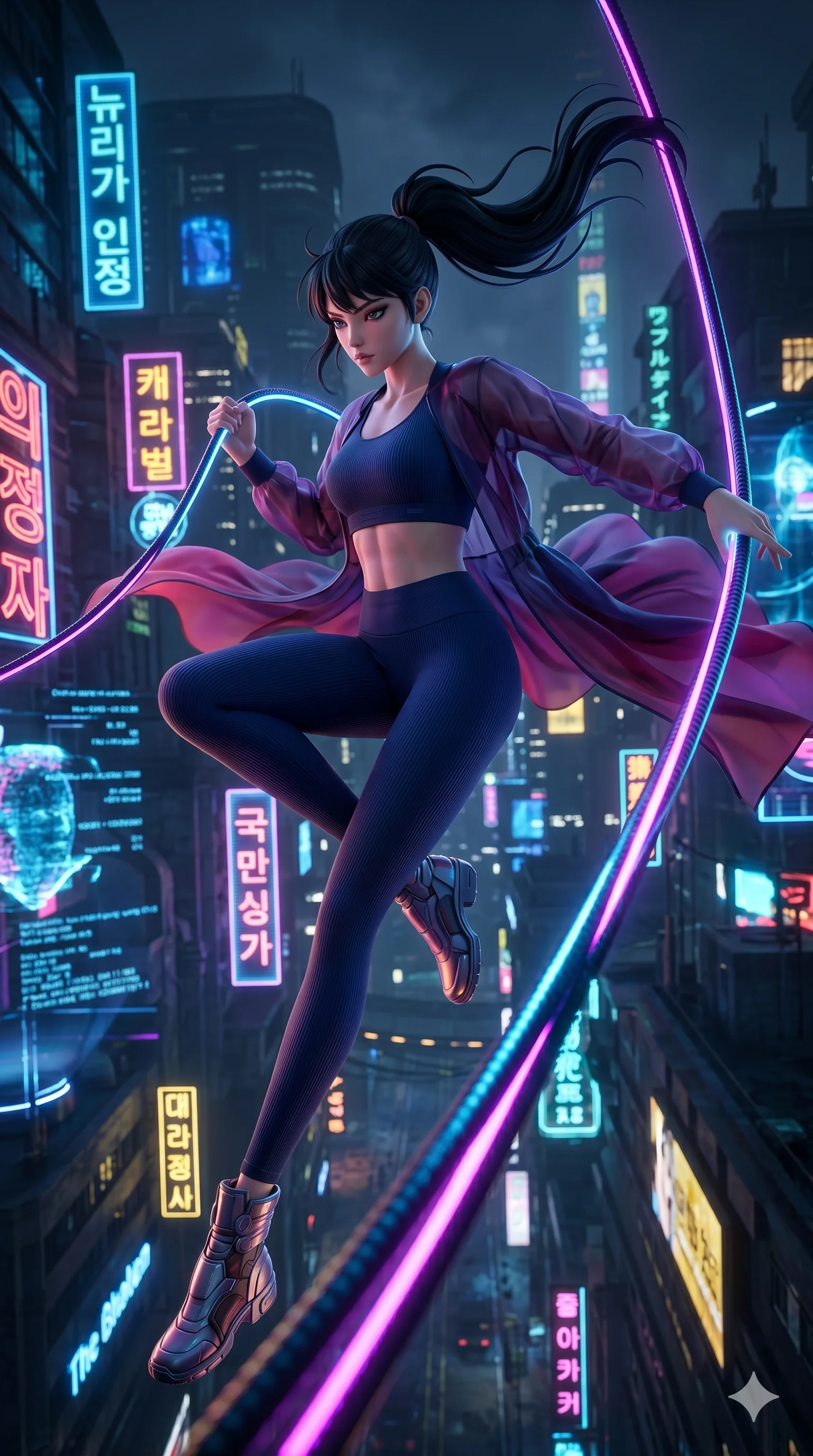 score_9, masterpiece, best quality, ultra-detailed, semi-realistic 3D game render, high-fidelity textures, Unreal Engine 5 style, Japanese woman. Low angle cowboy shot capturing a powerful motion and statuesque presence. swinging from a neon cable high above a sprawling mega-city. She has an absolutely perfect 8-heads proportion, an exceptionally tall and slender female figure with graceful and slender proportions. strictly human anatomy, two legs only, no extra limbs, clearly defined legs and arms, perfect anatomy, perfect hands and fingers. sharp v-shaped jawline, high-bridge nose, intricate jewel-like eyes, thick eyelashes, glossy lips. Wearing Premium Athleisure: Ribbed sports bra and leggings set, light windbreaker, and sleek high-performance activewear. The scene is illuminated by dramatic atmospheric lighting and vibrant color palettes. , 2k, ultra detail, master piece, 9:16 ratio