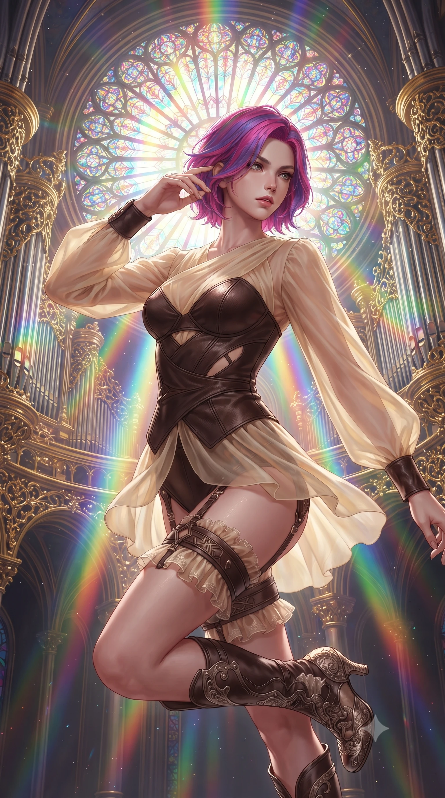 score_9, masterpiece, best quality, ultra-detailed, high-budget anime keyframe, editorial fashion photography, tasteful artistic composition, Caucasian woman. close-up cowboy shot from the waist and thighs up, the character dominates the composition, filling the frame with her large presence, background elements kept in soft focus. Resting her fingers gracefully near her temple, casting a sharp mysterious side-gaze during her stride while performing a mid-air rotation in front of a giant stained glass rose window in space, golden filigree organ pipes casting intricate metallic reflections in mid-air. She has an exceptionally elegant, slender, and willowy female figure with an ultra-slim waist, a gracefully sculpted slender torso, and a refined silhouette. sharp v-shaped jawline, high-bridge nose, intricate jewel-like eyes with depth, thick eyelashes, glossy lips with a natural sheen, flawlessly proportioned anatomical accuracy, natural body alignment, perfectly sculpted elegant limbs, clean dynamic posture without body distortion. wearing a tailored leather bustier over a sheer silk chiffon blouse in espresso brown and warm cream, woven from fine semi-opaque sheer organza, featuring subtle geometric cutouts that highlight her ultra-slim midriff, the elegant draped fit framing her graceful clavicle and slender torso. illuminated by cascading rainbow prismatic light refracting through stained glass. ultra-reflective glossy finish, specular highlights, metallic sheen, high-contrast stereoscopic depth, volumetric dynamic lighting, 2k, ultra detail, master piece, 9:16 ratio