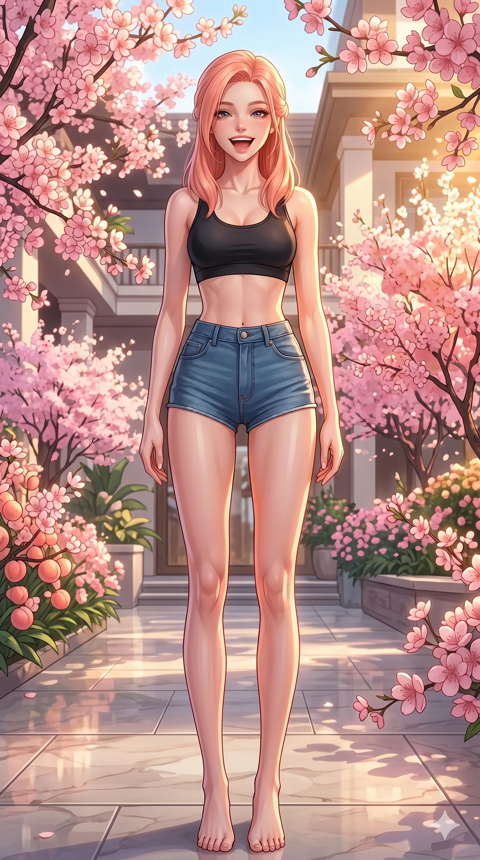score_9, masterpiece, best quality, ultra-detailed, high-budget anime keyframe, vibrant anime aesthetic, Japanese woman. low angle full-body shot from head to toe showing her feet, filling the entire 9:16 vertical frame with her statuesque presence, stretching her vertical silhouette. She is posing with a cheerful laugh, looking directly into the lens with warm eyes inside a luxury boutique resort patio with pink blossoms (Code-P20-042). She has an absolutely perfect 8-heads proportion, an exceptionally tall and slender female figure with impossibly long slender legs and an ultra-slim waist. V-shaped jawline, high-bridge nose, intricate jewel-like eyes with depth, thick eyelashes, glossy lips with a natural sheen. wearing a sleek sports bra paired with high-waist denim micro-shorts. She is drenched in bright, golden afternoon sunshine that illuminates the spring flowers. 2k, ultra detail, master piece, 9:16 ratio