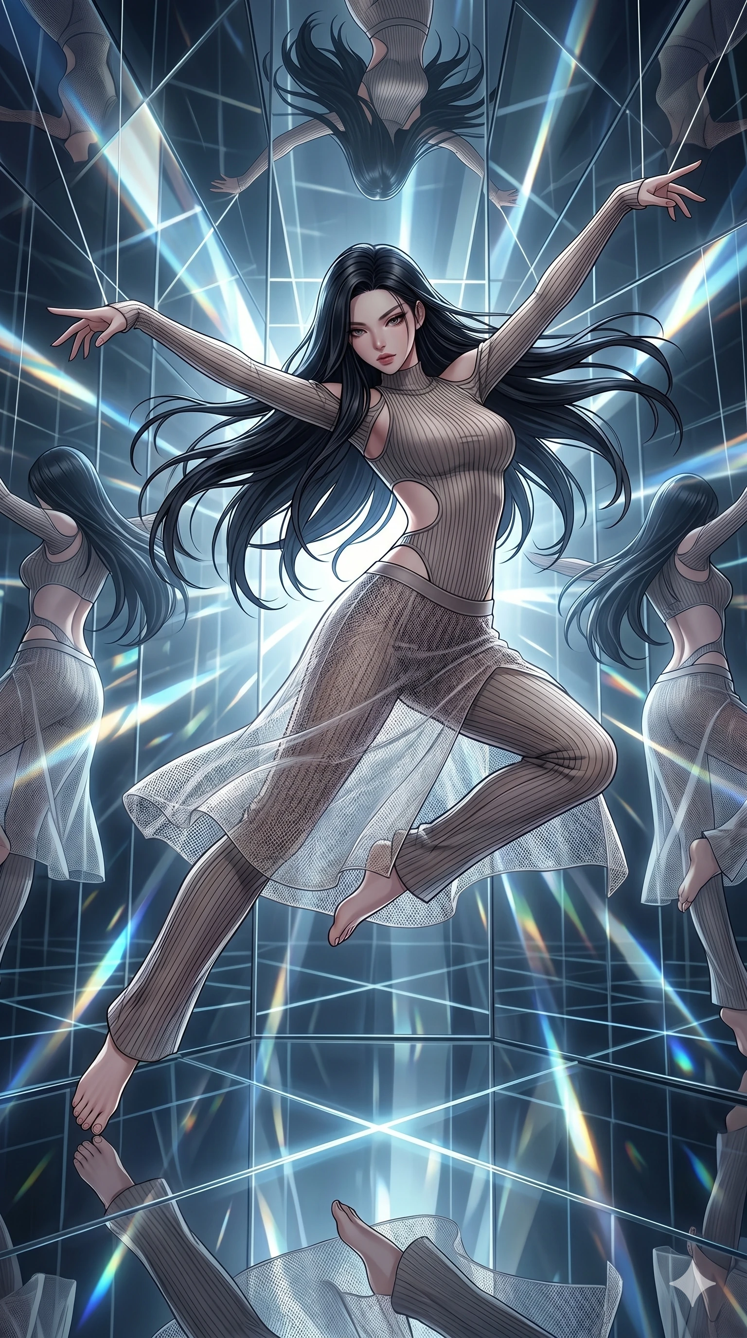score_9, masterpiece, best quality, ultra-detailed, High-budget Anime Keyframe, East Asian woman. Dynamic full-body shot stretching the vertical silhouette to the limit. Scenario 26: Suspended by invisible silk threads in a hall of mirrors. Her presence is magnetic and overpowering in this high-budget anime scene. Outfit 26: A ribbed bodycon knit mesh with a strategic side cut-outs and translucent layers. The clothing is designed to emphasize her exceptionally tall and slender 8-heads proportion. 8-heads proportion, towering silhouette, ultra-slim waist. sharp v-shaped jawline, intricate jewel-like eyes with depth, thick eyelashes, glossy lips. 2k, ultra detail, master piece, 9:16 ratio
