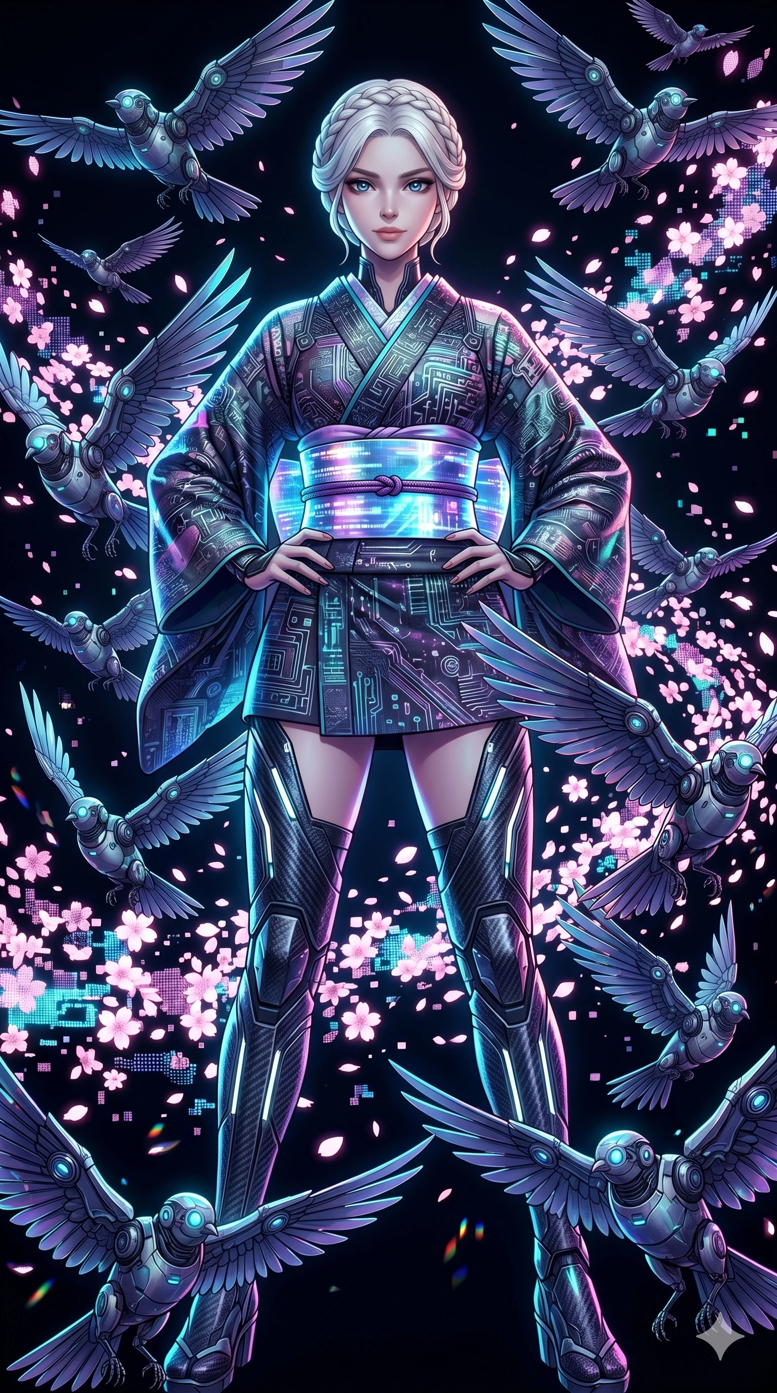 score_9, masterpiece, best quality, ultra-detailed, Set A: High-budget Anime Keyframe, Japanese woman. Low angle cowboy shot filling the entire 9:16 frame with her statuesque presence. Standing victoriously through a virtual reality void, surrounded by a whirlwind of 52 mechanical birds and surrounded by digital sakura petals. She has an absolutely perfect 8-heads proportion, an exceptionally tall and slender female figure with impossibly long slender legs and an ultra-slim waist. Sharp v-shaped jawline, high-bridge nose, intricate jewel-like eyes with depth, thick eyelashes, glossy lips with a natural sheen. Wearing Tech-kimono with a wide holographic obi and side-slit carbon-fiber leg guards. Cinematic lighting, vibrant colors, dramatic shadows, 2k, ultra detail, master piece, 9:16 ratio