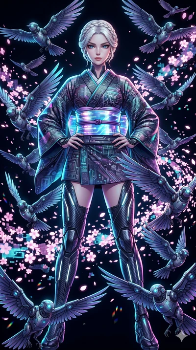 score_9, masterpiece, best quality, ultra-detailed, Set A: High-budget Anime Keyframe, Japanese woman. Low angle cowboy shot filling the entire 9:16 frame with her statuesque presence. Standing victoriously through a virtual reality void, surrounded 