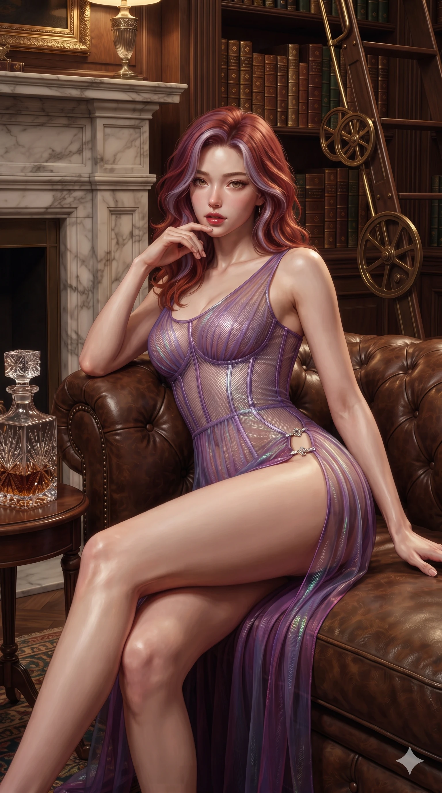 score_9, masterpiece, best quality, ultra-detailed, high-budget anime keyframe, editorial fashion photography, tasteful artistic composition, Caucasian woman. close-up cowboy shot from the waist and thighs up, the character dominates the composition, filling the frame with her large presence. standing poised beside a towering marble fireplace with hips cocked back, casting an alluring, sovereign gaze toward the viewer while reclining gracefully on an antique Chesterfield leather sofa with legs crossed, propped on one elbow with parted glossy lips. The surrounding environment is rendered in vivid detail and crisp panoramic clarity: sharp cut-crystal decanter facets, aged leather book spine gilding, and brass ladder wheel mechanisms in deep focus. She has an exceptionally elegant, slender, and willowy female figure with an ultra-slim waist, flat toned midriff, narrow ribcage, and sculpted feminine hips creating an alluring, slim hourglass silhouette without bulk. sharp v-shaped jawline, high-bridge nose, intricate jewel-like dark sparkling eyes with dangerous depth, thick curled eyelashes, glossy parted lips with a rich wine sheen, smoldering seductive half-smile with bedroom-eyes, exuding effortless superiority and intoxicating dark allure, flawlessly proportioned anatomical accuracy, strict slender model proportions, natural body alignment, perfectly sculpted long slender limbs, ultra-slim waistline, clean dynamic posture without body distortion. wearing a translucent iridescent micro-mesh corset dress with wet-look second-skin cling tracing her feminine curves in royal amaranth purple and liquid platinum, crafted from semi-sheer pleated silk chiffon layered over an opaque second-skin underlayer, finished with an ultra-high side slit secured by miniature jeweled clasps, the high-slit wrap tailoring accentuating her ultra-slim waistline and the enchanting curve of her feminine hips with alluring seductive charm. bathed in soft reading-lamp tungsten glow filtering through green banker shades with rich ambient contrast. ultra-reflective glossy finish, specular highlights, rich textural contrasts, high-contrast stereoscopic depth, volumetric dynamic lighting, 2k, ultra detail, master piece, 9:16 ratio