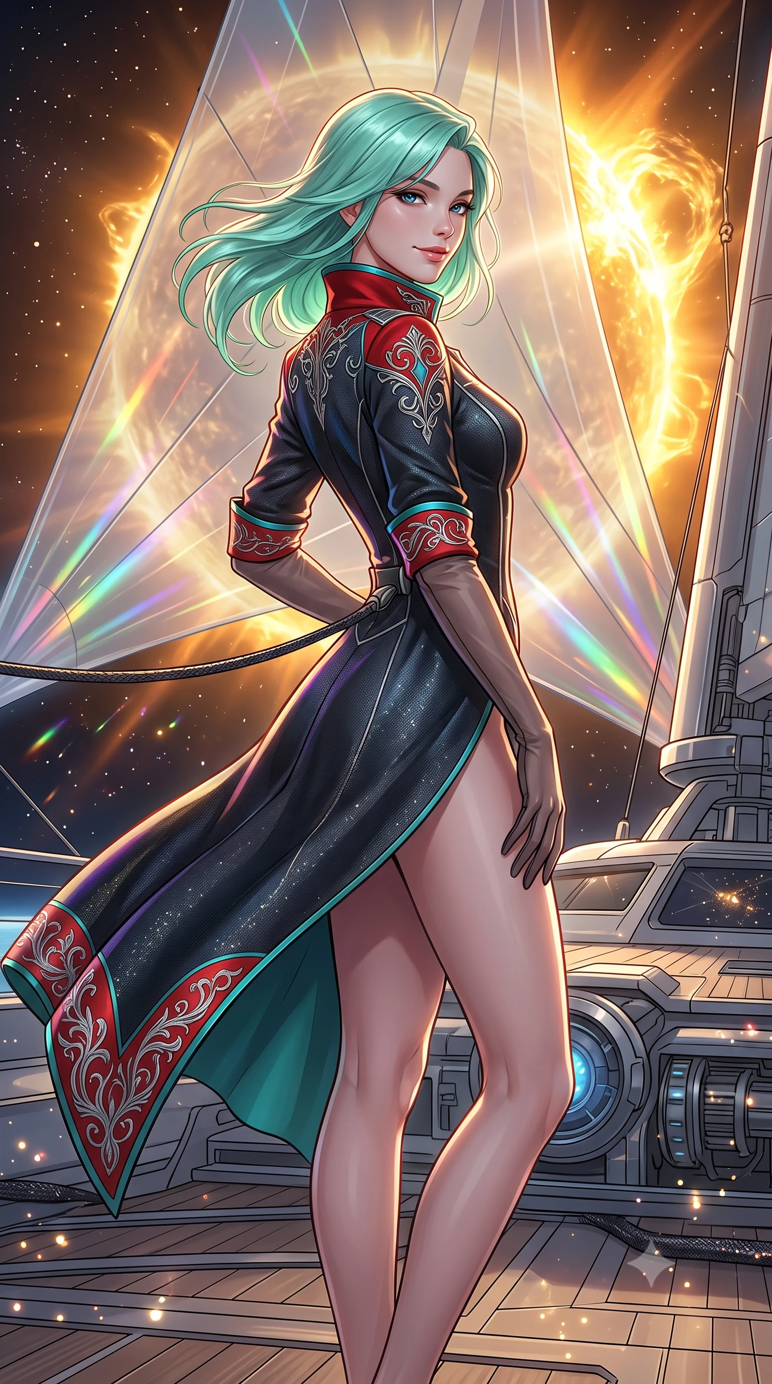 score_9, masterpiece, best quality, ultra-detailed, high-budget anime keyframe, semi-realistic 3D game render, editorial fashion photography, tasteful artistic composition, Japanese woman. close-up cowboy shot from the waist and thighs up, the character dominates the composition, filling the frame with her large presence. turning slowly with an enchanting smoldering smile, her glossy hair tossing in the breeze as her hips angle gracefully in a captivating contrapposto while leaning against the zero-gravity carbon tether with hips cocked back, watching the blazing golden solar corona flare through polarizing solar sails with smoldering bedroom-eyes. The surrounding environment is rendered in vivid detail and crisp panoramic clarity: detailed anime keyframe lines, rich iridescent fabric textures, and colossal solar yacht architecture in razor-sharp precision. She has an exceptionally elegant, slender, and willowy female figure with an ultra-slim waist, flat toned midriff, narrow ribcage, and sculpted feminine hips creating an alluring, slim hourglass silhouette without bulk. sharp v-shaped jawline, high-bridge nose, intricate jewel-like sparkling eyes with depth, thick eyelashes, glossy parted lips with a natural peach sheen, bright cheerful beaming smile with an enchanting and coquettish sensual glint, exuding both youthful cute charm and seductive allure, flawlessly proportioned anatomical accuracy, strict slender model proportions, natural body alignment, perfectly sculpted long slender limbs, ultra-slim waistline, clean dynamic posture without body distortion. wearing an aristocratic deep-space admiral longcoat with silver filigree embroidery along the hem and high structured collar in cyber-shinto vermilion and laser turquoise, tailored from high-density tech-wool with subtle metallic thread weave, complemented by sheer opera-length evening gloves tracing her slender arms, the impeccably tailored cut draping gracefully along her slender figure with aristocratic poise. illuminated by solar sail diffraction reflection bounce and sharp chromatic-rainbow rim lights defining her jawline, narrow waist, and curvy hips. highly saturated vibrant anime colors, detailed shading with soft gradients, rich glossy textures, high-contrast stereoscopic depth, volumetric dynamic lighting, master piece, 9:16 ratio