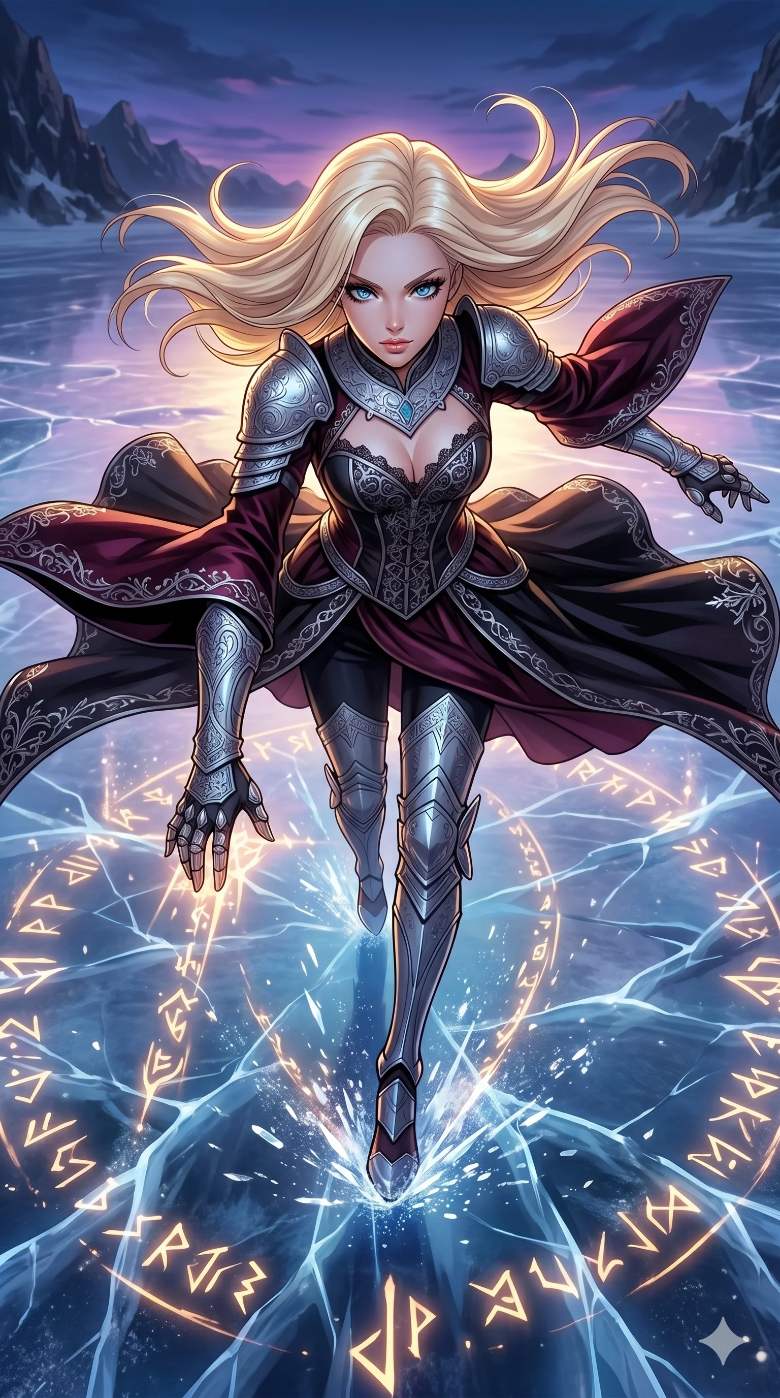 score_9, masterpiece, best quality, ultra-detailed, high-budget anime movie keyframe, cinematic anime lighting, intricate line art, Japanese woman. Extreme high angle shot as she leaps towards the camera, filling the frame. gliding across a frozen lake while drawing runes on the ice. She has an absolutely perfect 8-heads proportion, an exceptionally tall and slender female figure with an ultra-slim waist and impossibly long slender legs. strictly human anatomy, two legs only, no extra limbs, clearly defined legs and arms, perfect anatomy, perfect hands and fingers. sharp v-shaped jawline, high-bridge nose, intricate jewel-like eyes, thick eyelashes, glossy lips. Wearing Dark Fantasy: Gothic lace corset gown, bell-sleeved sorceress robes, and engraved silver plate armor over silk. The scene is illuminated by dramatic atmospheric lighting and vibrant color palettes. , 2k, ultra detail, master piece, 9:16 ratio