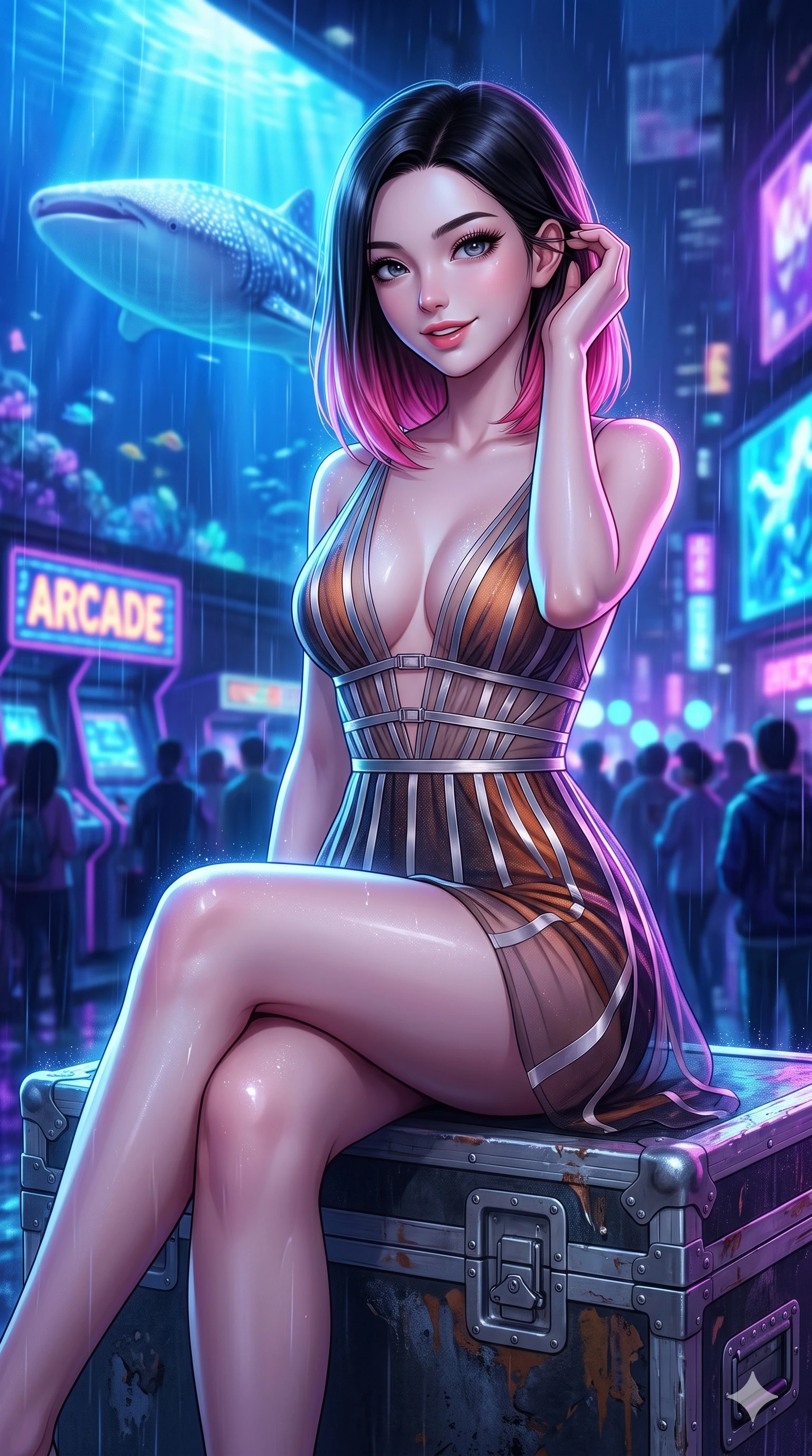 score_9, masterpiece, best quality, ultra-detailed, high-budget anime keyframe, editorial fashion photography, tasteful artistic composition, Korean woman. close-up cowboy shot from the waist and thighs up, the character dominates the composition, filling the frame with her large presence. gently brushing a lock of hair behind her ear while casting a playful, flirtatious side-gaze with long eyelashes while sitting gracefully on the arcade equipment case with legs crossed, flashing an enchanting smile with parted glossy lips. The background shows a soft-focus gigantic holographic whale sharks swimming through urban rain, glowing arcade marquees, and dense street crowds blurred into cobalt, violet, and electric cyan bokeh. She has an exceptionally elegant, slender, and willowy female figure with an ultra-slim waist, flat toned midriff, narrow ribcage, and sculpted feminine hips creating an alluring, slim hourglass silhouette without bulk. sharp v-shaped jawline, high-bridge nose, intricate jewel-like sparkling eyes with depth, thick eyelashes, glossy parted lips with a natural peach sheen, bright cheerful beaming smile with an enchanting and coquettish sensual glint, exuding both youthful cute charm and seductive allure, flawlessly proportioned anatomical accuracy, strict slender model proportions, natural body alignment, perfectly sculpted long slender limbs, ultra-slim waistline, clean dynamic posture without body distortion. wearing a plunge-front sheer illusion tulle slip dress with liquid platinum ribbon stripes hugging her curves in cosmic eclipse amber and starlight diamond, tailored from high-density tech-wool with subtle metallic thread weave, finished with sleek magnetic buckle closures fluttering in the breeze, the second-skin tailored fabric adhering flawlessly to her sculpted flat midriff and slender torso, emphasizing her long leg lines and perfectly proportioned willowy build. bathed in the glowing azure and indigo illumination of the monumental virtual aquarium billboard. ultra-reflective glossy finish, specular highlights, rich textural contrasts, high-contrast stereoscopic depth, volumetric dynamic lighting, 2k, ultra detail, master piece, 9:16 ratio
