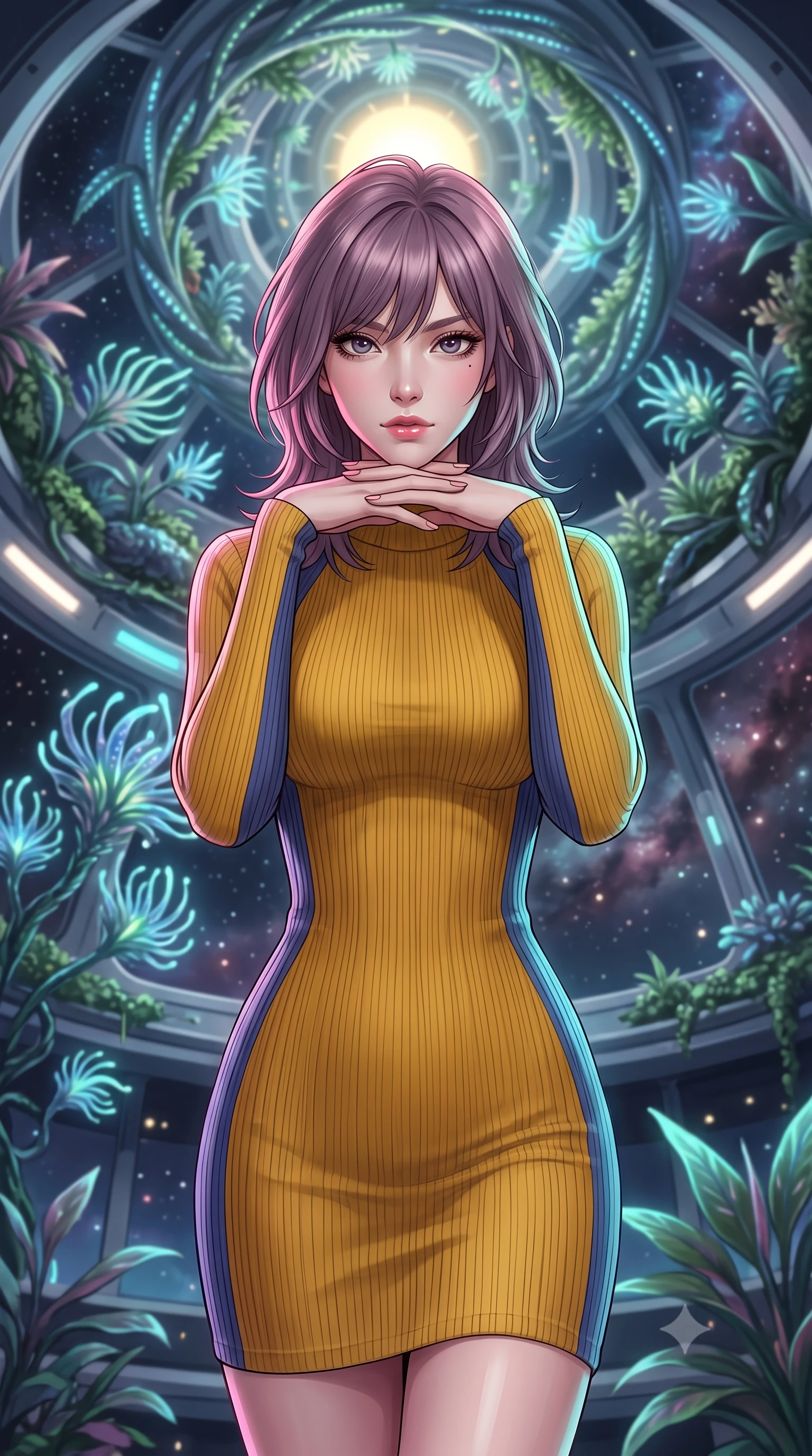 score_9, masterpiece, best quality, ultra-detailed, high-budget anime keyframe, editorial fashion photography, tasteful artistic composition, Japanese woman. close-up cowboy shot from the waist and thighs up, the character dominates the composition, filling the frame with her large presence, background elements kept in soft focus. Resting her chin on the backs of her fingers in a confident pose. set against a soft-focus background of a massive atrium inside a space station where exotic alien plants grow in spiraling zero-gravity formations their bioluminescent fronds reaching toward an artificial sun at the atrium's center. She has an exceptionally elegant and slender, willowy female figure with an ultra-slim waist, a gracefully sculpted slender torso, and a refined slim physique. sharp v-shaped jawline, high-bridge nose, intricate jewel-like eyes with depth, thick eyelashes, glossy lips with a natural sheen. wearing a body-hugging ribbed knit dress in a striking mustard yellow and indigo blue colorway, sculpting her slender proportions. starlight and nebula glow casting soft cosmic pink and cyan highlights on her form. 2k, ultra detail, master piece, 9:16 ratio