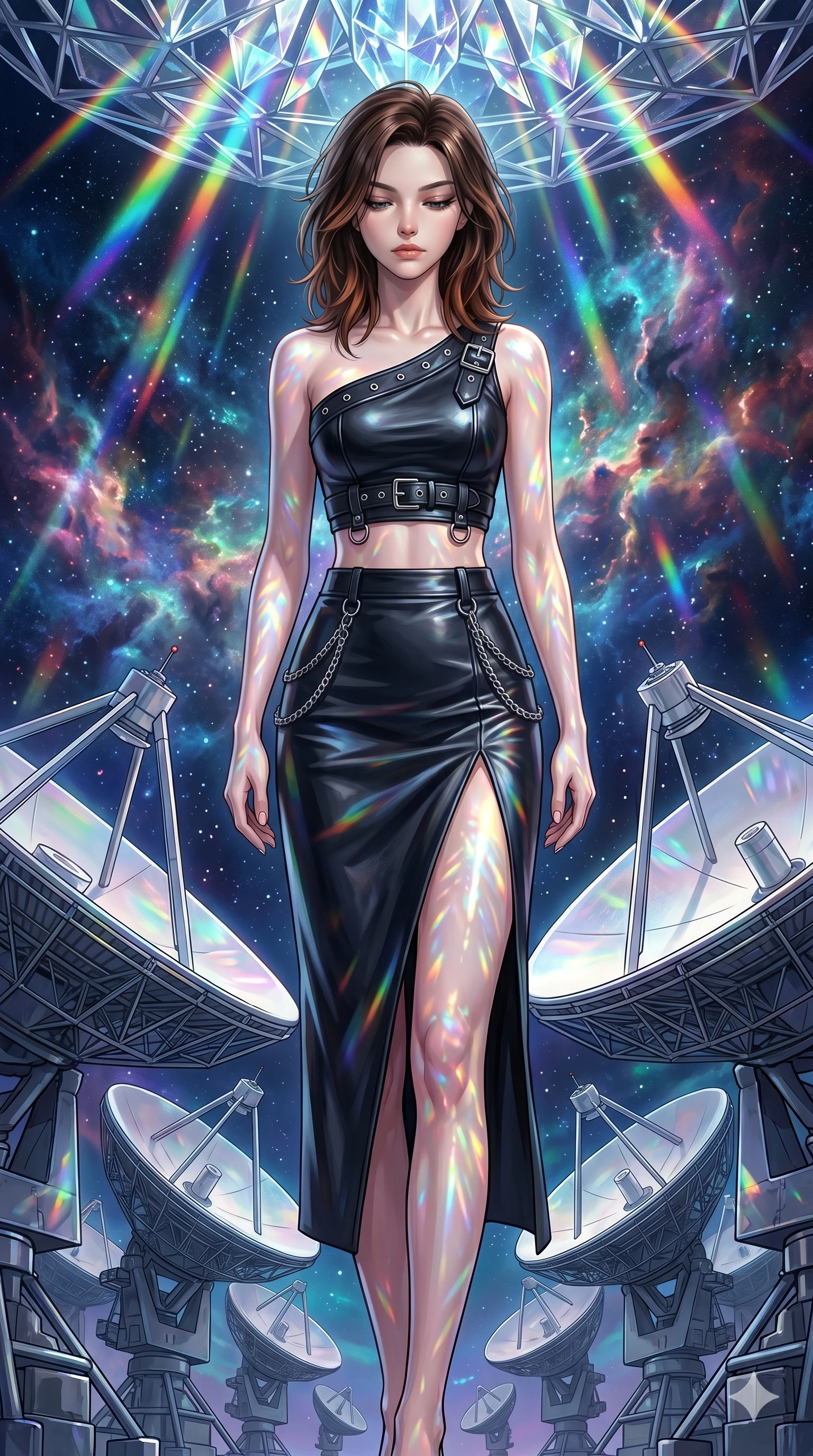 score_9, masterpiece, best quality, ultra-detailed, high-budget anime keyframe, editorial fashion photography, tasteful artistic composition, Korean woman. cowboy shot from the thighs up, character and outfit filling the frame for maximum editorial presence. Looking down with lowered lashes and a composed, powerful expression amidst an array of giant satellite dishes pointing at a sky filled with nebula clouds. She has an absolutely perfect 8-heads proportion, an exceptionally tall and slender female figure with impossibly long slender legs and an ultra-slim waist. V-shaped jawline, high-bridge nose, intricate jewel-like eyes with depth, thick eyelashes, glossy lips with a natural sheen. wearing a one-shoulder black leather crop top with silver hardware, paired with a matching high-waist midi skirt with a high front slit. illuminated by cascading rainbow prismatic light refracting through crystal overhead and casting patterns on her skin. 2k, ultra detail, master piece, 9:16 ratio