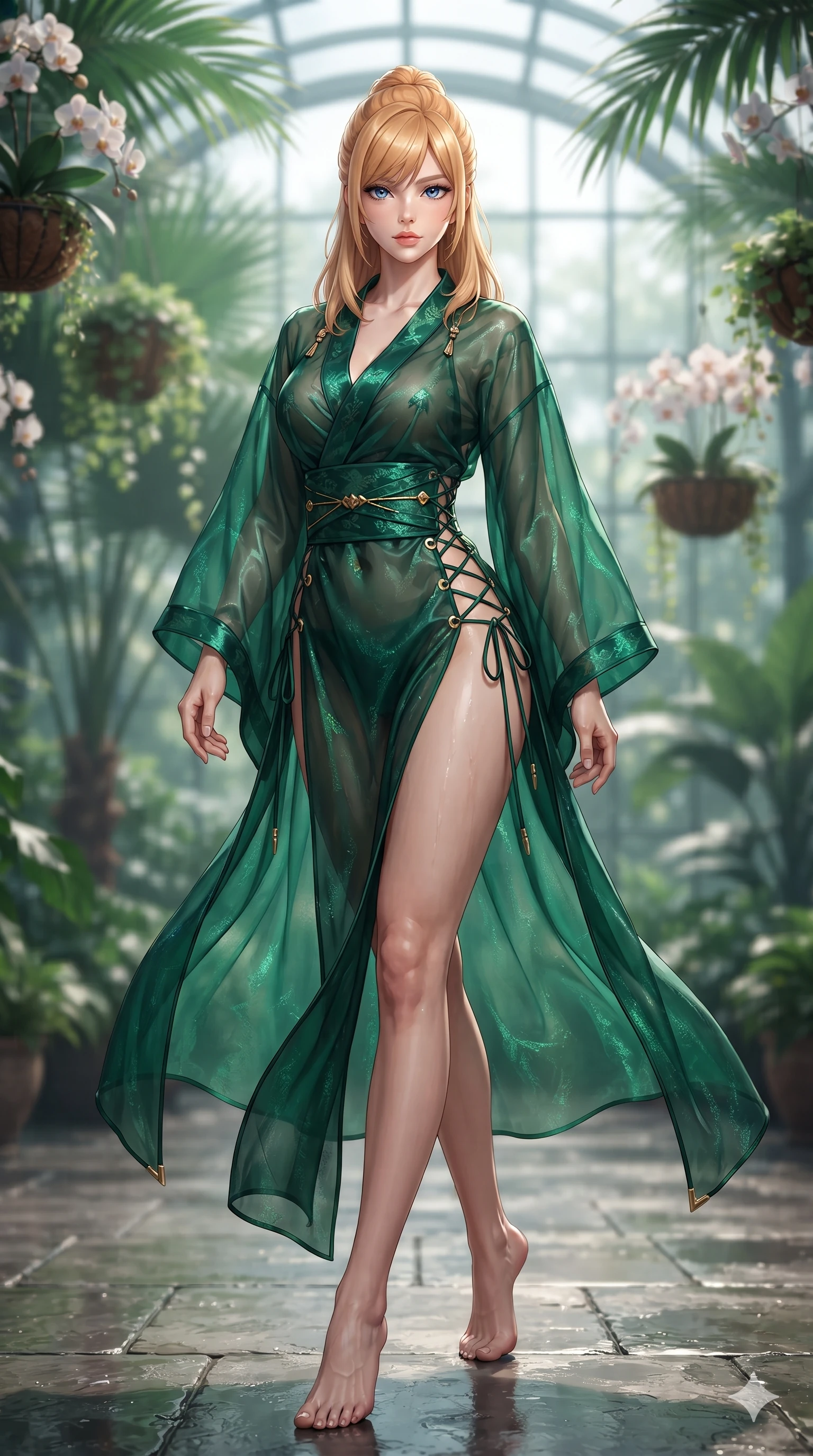 score_9, masterpiece, best quality, ultra-detailed, high-budget anime keyframe, editorial fashion photography, tasteful artistic composition, Caucasian woman. low angle full-body shot from head to toe showing her feet, filling the entire 9:16 vertical frame with her statuesque presence, stretching her vertical silhouette. striding across the penthouse terrace as river breezes whip her high-slit dress open, accentuating her long slender legs and curvy hips while twisting her slender torso in an alluring contrapposto stance, dappled sunbeam patterns and emerald leaf reflections tracing her flat midriff and hourglass curves. The background shows a soft-focus towering exotic fan palms, hanging orchid baskets, and curved greenhouse glass trusses blurred into emerald, jade, and diamond bokeh. She has an exceptionally tall and slender model-like 8.5-heads proportion, an ultra-slim waist, a flat toned midriff, narrow delicate ribcage, and beautifully sculpted feminine hips creating a graceful, slim hourglass silhouette without any bulky heaviness, with impossibly long slender legs. sharp v-shaped jawline, high-bridge nose, intricate jewel-like sparkling eyes with depth, thick eyelashes, glossy parted lips with a natural sheen, intensely captivating and seductive bedroom-eyes expression, exuding both youthful cute charm and sovereign luxury allure, flawlessly proportioned anatomical accuracy, strict slender model proportions, natural body alignment, perfectly sculpted long slender limbs, ultra-slim waistline, clean dynamic posture without body distortion. wearing a delicate semi-translucent silk yukata that clings to her wet skin and curvy hip contours in deep emerald green satin and gold hardware accents, crafted from translucent silk organza with an ethereal crystalline sheen, featuring fine criss-cross lace-up side ties revealing tantalizing glimpses of her hip curve, the precision-cut side openings and low-back scoop framing her graceful spine and the sensual sweep of her slim, toned hips. illuminated by wet flagstone floor reflections and sharp emerald-gold rim lights sculpting her razor-sharp jawline, narrow waist, and curvy hips. ultra-reflective glossy finish, specular highlights, rich textural contrasts, high-contrast stereoscopic depth, volumetric dynamic lighting, 2k, ultra detail, master piece, 9:16 ratio