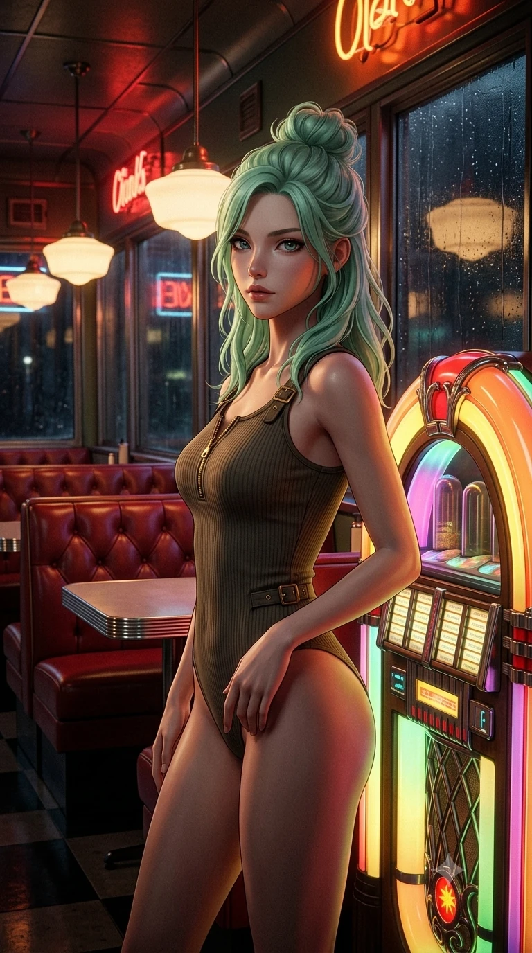 score_9, masterpiece, best quality, ultra-detailed, high-budget anime keyframe, semi-realistic 3D game render, editorial fashion photography, tasteful artistic composition, Japanese woman. close-up cowboy shot from the waist and thighs up, the character dominates the composition, filling the frame with her large presence. posing in an alluring rear three-quarter angle, looking over a bare shoulder with parted glossy lips, her hips cocked back to highlight her slim hourglass curve while twisting her slender torso in an alluring S-curve beside the jukebox, glowing neon red and green reflections tracing her narrow waist and curvy hips. The background shows a soft-focus tufted red vinyl booths, polished chrome counter edges, and glowing neon 'OPEN' sign reversed in glass blurred into crimson, chrome, and neon-amber bokeh. She has an exceptionally elegant, slender, and willowy female figure with an ultra-slim waist, flat toned midriff, narrow ribcage, and sculpted feminine hips creating an alluring, slim hourglass silhouette without bulk. sharp v-shaped jawline, high-bridge nose, sparkling eyes with hypnotic seductive depth, thick curled eyelashes, glossy parted lips with a natural dewy peach sheen, alluring bedroom-eyes with an enchanting coquettish smile, exuding magnetic siren charisma and sophisticated glamour, flawlessly proportioned anatomical accuracy, strict slender model proportions, natural body alignment, perfectly sculpted long slender limbs, ultra-slim waistline, clean dynamic posture without body distortion. wearing a body-hugging ribbed stretch cotton henley tank bodysuit with deep scoop neck and snap closures in high-contrast coastal monochrome with gold hardware, crafted from rugged heavy-duty canvas and oiled leather with authentic desert durability, finished with sleek heavy-duty brass zip pulls and buckled moto straps, the form-contouring cut accentuating her sculpted flat midriff, narrow delicate ribcage, and gracefully curvy hips with intoxicating allure. bathed in the warm, inviting glow of hanging milk-glass pendant lamps mixed with moody red neon filtering through the rain-streaked windows. highly saturated vibrant anime colors, detailed shading with soft gradients, rich glossy textures, high-contrast stereoscopic depth, volumetric dynamic lighting, master piece, 9:16 ratio