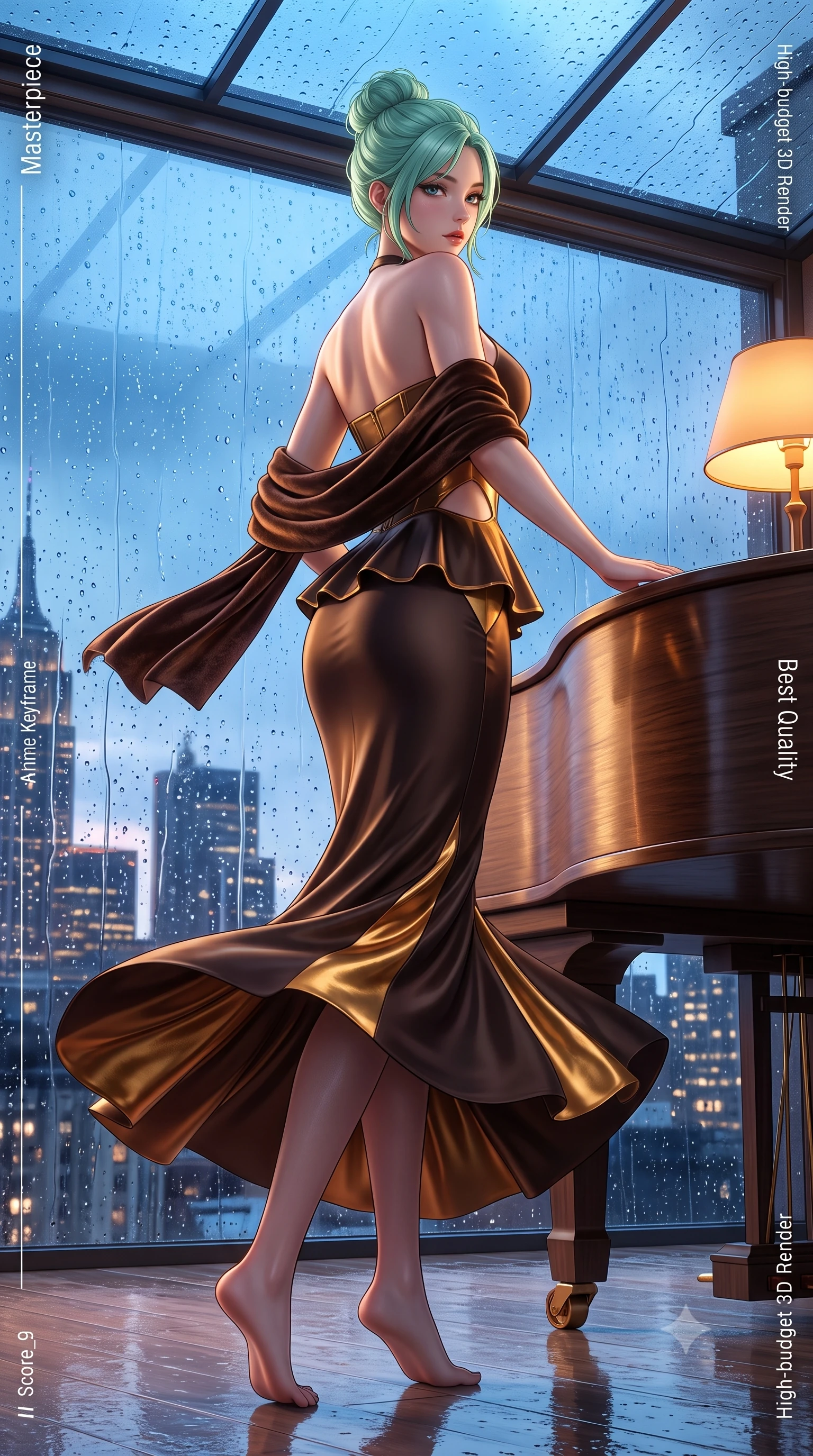score_9, masterpiece, best quality, ultra-detailed, high-budget anime keyframe, semi-realistic 3D game render, editorial fashion photography, tasteful artistic composition, Japanese woman. low angle full-body shot from head to toe showing her feet, filling the entire 9:16 vertical frame with her statuesque presence, stretching her vertical silhouette. executing an elegant mid-motion pivot turn as garments swirl around her slender limbs, glancing over her shoulder with an intoxicating bedroom-gaze while leaning forward against the sleek curved piano rim with lower back arched, casting an alluring over-the-shoulder bedroom-glance through rain-streaked glass. The surrounding environment is rendered in vivid detail and crisp panoramic clarity. detailed wet glass raindrop beads, silk dress drape folds, and city skyline architecture in high clarity. She has an absolutely perfect, statuesque 8.5-heads proportion, an exceptionally tall and slender model-like female figure with impossibly long slender legs, a toned flat midriff, an ultra-slim waist, and beautifully sculpted feminine hips. sharp v-shaped jawline, high-bridge nose, intricate jewel-like eyes with depth, thick eyelashes, glossy parted lips with a natural sheen, intensely captivating and seductive bedroom-eyes expression, flawlessly proportioned anatomical accuracy, strict slender model proportions, natural body alignment, perfectly sculpted long slender limbs, ultra-slim waistline, clean dynamic posture without body distortion. wearing a modern peplum corset dress with side-waist diamond cutouts and an ultra-tight silhouette in dark espresso brown and molten gold foil, tailored from liquid silk jersey adhering flawlessly to her slender build, complemented by a plush velvet shawl draped loosely over her elbows, the glove-like aerodynamic silhouette tightly following the natural contour of her hips and long slender legs with statuesque precision. bathed in warm amber incandescent piano lamp glow contrasting with cool blue rain-slicked skylight. highly saturated vibrant anime colors, detailed shading with soft gradients, rich glossy textures, high-contrast stereoscopic depth, volumetric dynamic lighting, master piece, 9:16 ratio