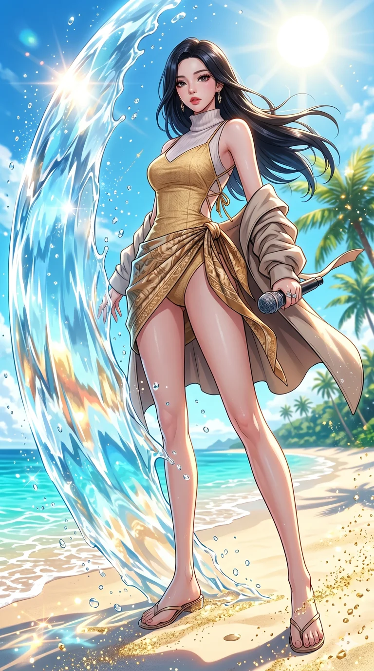 score_9, masterpiece, best quality, ultra-detailed, High-budget Anime Keyframe, beautiful Korean anime girl. Low angle cowboy shot filling the entire 9:16 frame with her overwhelming presence. Summoning a shield of water that reflects the sun on a tropical beach. She has an absolutely perfect 8-heads proportion, an exceptionally tall and slender female figure with impossibly long slender legs and an ultra-slim waist. Sharp v-shaped jawline, high-bridge nose, intricate jewel-like eyes with depth, thick eyelashes, glossy lips with a natural sheen. Wearing a Seasonal/Resort outfit: gold linen sundress with tie-back, high-cut one-piece with sarong, cashmere turtleneck with wrap coat. Background is a bright and colorful environment with cinematic lighting, dynamic particle effects, and high-contrast shadows. 2k, ultra detail, master piece, 9:16 ratio