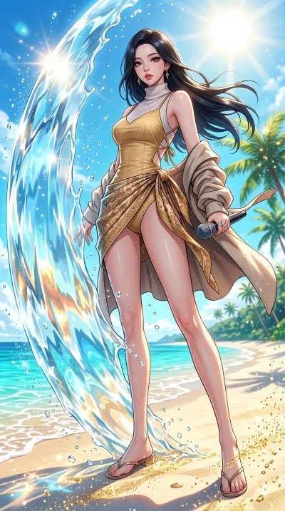 score_9, masterpiece, best quality, ultra-detailed, High-budget Anime Keyframe, beautiful Korean anime girl. Low angle cowboy shot filling the entire 9:16 frame with her overwhelming presence. Summoning a shield of water that reflects the sun on a tr