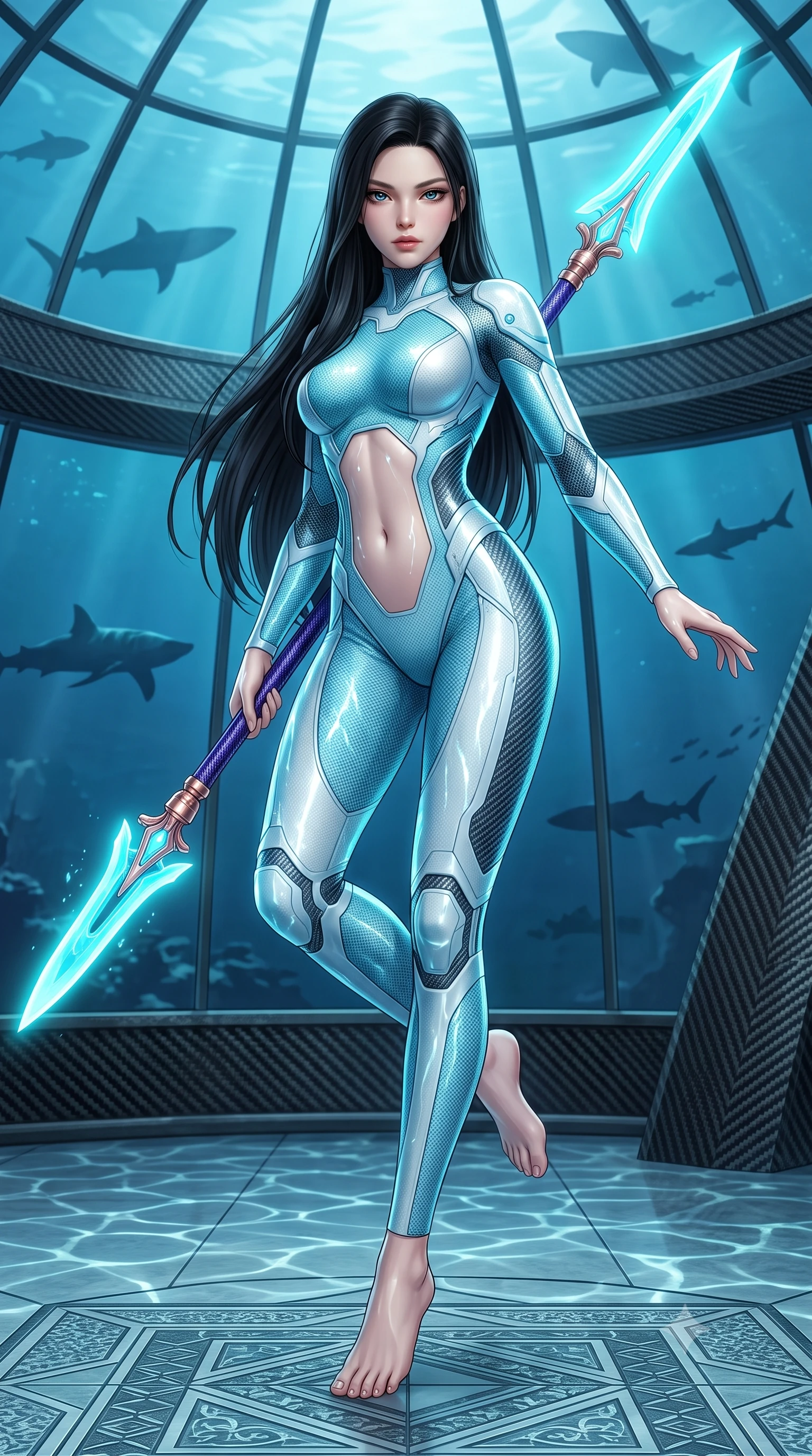 score_9, masterpiece, best quality, ultra-detailed, high-budget anime keyframe, semi-realistic 3D game render, editorial fashion photography, tasteful artistic composition, Korean woman. low angle full-body shot from head to toe showing her feet, filling the entire 9:16 vertical frame with her statuesque presence, stretching her vertical silhouette. performing an alluring mid-air combat landing with flawless poise, looking directly into the camera with regal, deadly intensity while pivoting dynamically as water caustics from the surrounding ocean dome dance across her form-contouring carbon battle-suit. The surrounding environment is rendered in vivid detail and crisp panoramic clarity. intricate carbon-fiber weave patterns, swimming sea-life silhouettes outside the glass, and floor tiles in high clarity. She has an absolutely perfect, statuesque 8.5-heads proportion, an exceptionally tall and slender model-like female figure with impossibly long slender legs, a toned flat midriff, and an ultra-slim waist. sharp v-shaped jawline, high-bridge nose, intricate jewel-like eyes with depth, thick eyelashes, glossy lips with a natural sheen, flawlessly proportioned anatomical accuracy, strict slender model proportions, natural body alignment, perfectly sculpted long slender limbs, ultra-slim waistline, clean dynamic posture without body distortion. wearing an ultra-sleek glacial-cyan and white carbon-mesh combat bodysuit with frost-resistant plating, holding a glowing high-frequency cryo-energy spear with commanding poise in royal purple carbon fiber with rose-gold hardware and clasps, crafted from ultra-strong woven carbon-fiber composite with a satin luster, detailed with magnetic weapon holsters and polished chrome connection clasps, the form-contouring material adhering flawlessly to her sculpted flat midriff and slender torso, emphasizing her long leg lines and perfectly proportioned willowy build. surrounded by an ultra-sleek, stealthy, and intensely seductive oceanic special-operative aura. rich saturated anime colors with glowing neon highlights, detailed shading with soft gradients, rich glossy textures, high-contrast stereoscopic depth, volumetric dynamic lighting, master piece, 9:16 ratio
