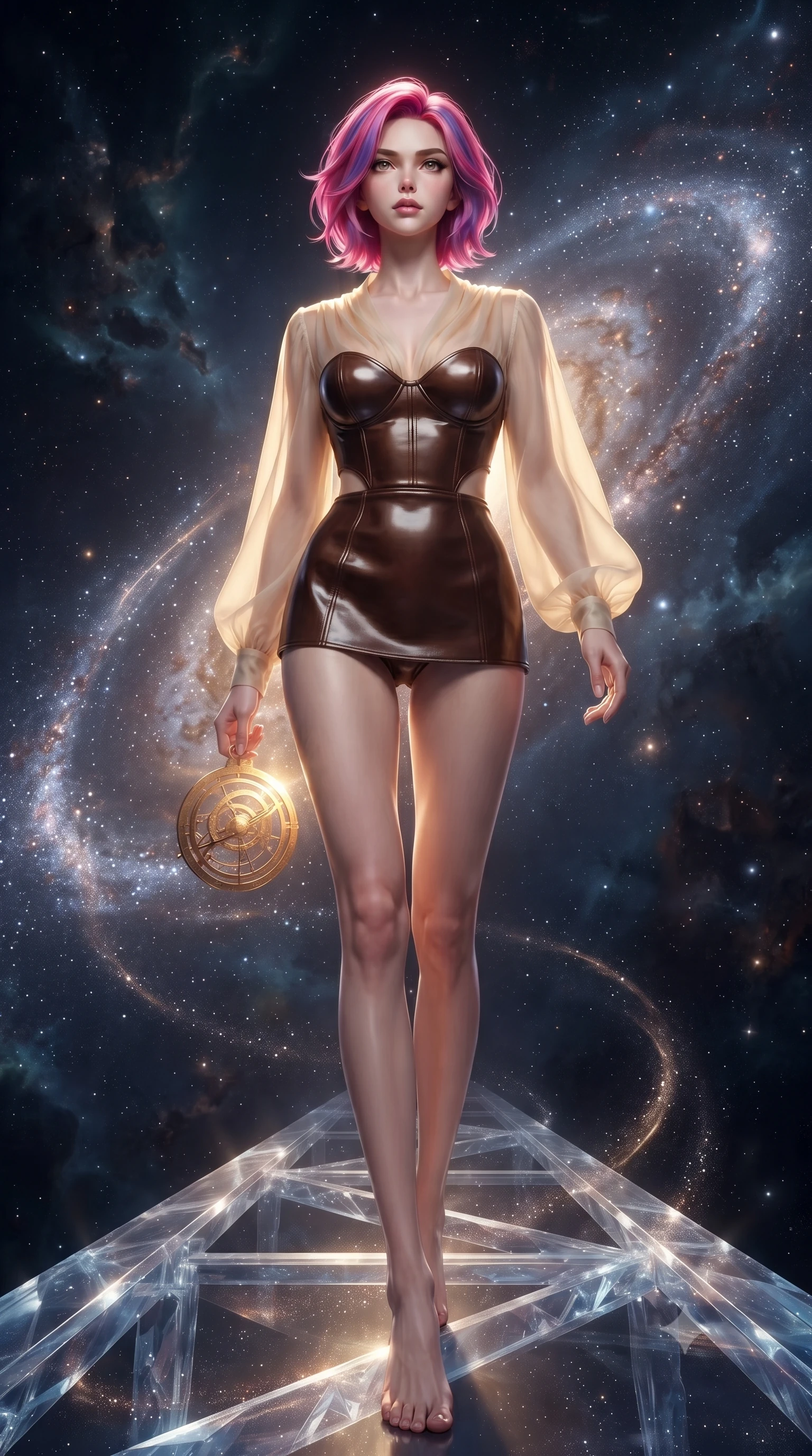 score_9, masterpiece, best quality, ultra-detailed, high-budget anime keyframe, editorial fashion photography, tasteful artistic composition, Caucasian woman. low angle full-body shot from head to toe showing her feet, filling the entire 9:16 vertical frame with her statuesque presence, stretching her vertical silhouette. navigating the luminous space with effortless poise, displaying her perfect model proportions stepping along a crystalline cosmic bridge in deep space, swirling galaxy dust creating luminous arcs in the air. She has an absolutely perfect, statuesque 8.5-heads proportion, an exceptionally tall and slender model-like female figure with impossibly long slender legs and an ultra-slim waist. sharp v-shaped jawline, high-bridge nose, intricate jewel-like eyes with depth, thick eyelashes, glossy lips with a natural sheen. wearing a tailored leather bustier over a sheer silk chiffon blouse in espresso brown and warm cream, made of premium stretch velvet with a rich sheen, featuring clean architectural cutouts along her slender torso, the elegant draped fit framing her graceful clavicle and slender torso. illuminated by brilliant starlight and warm golden inner glow from the astrolabe. ultra-reflective glossy finish, specular highlights, metallic sheen, high-contrast stereoscopic depth, volumetric dynamic lighting, 2k, ultra detail, master piece, 9:16 ratio