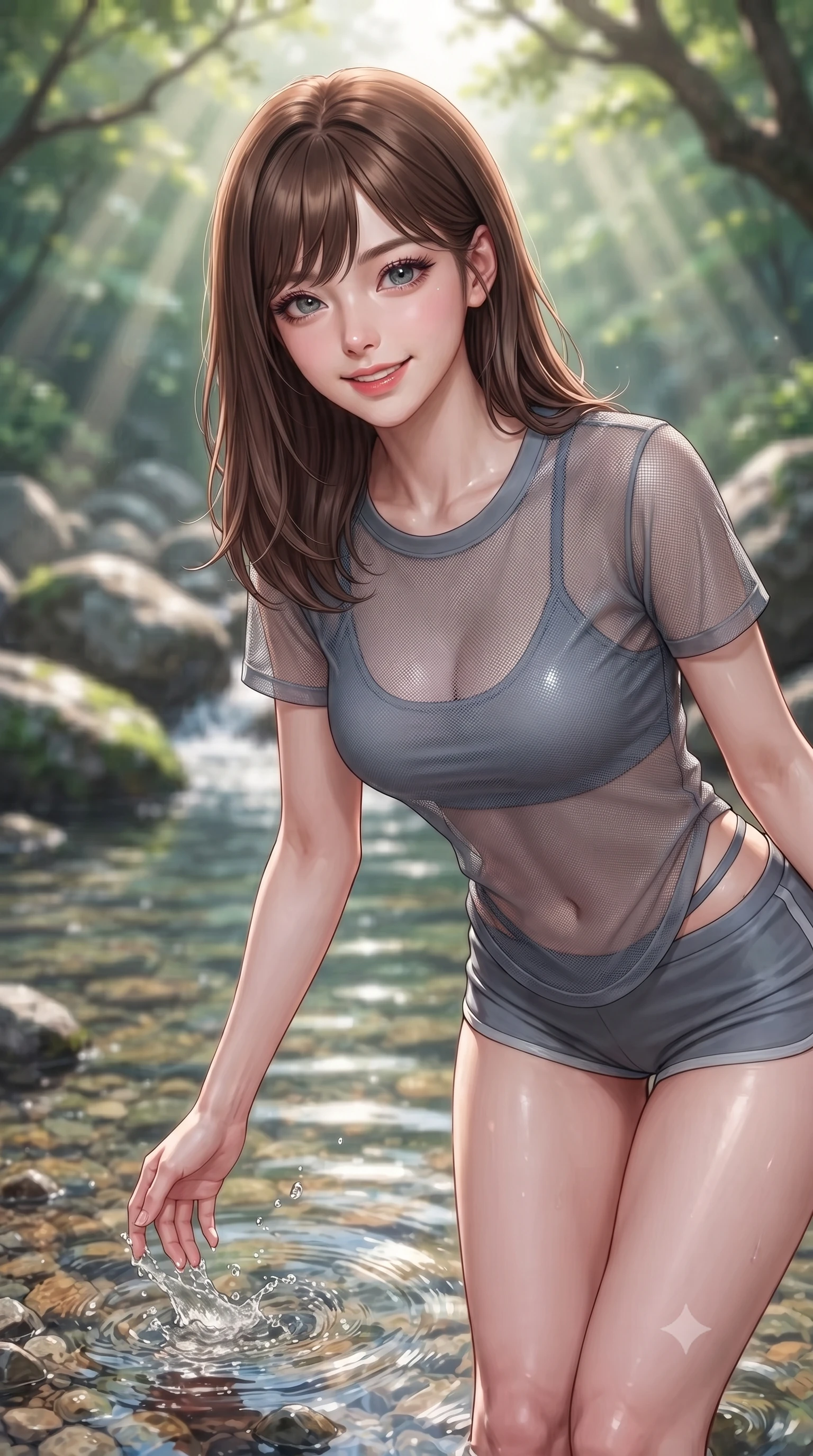 score_9, masterpiece, best quality, ultra-detailed, high-budget anime keyframe, editorial fashion photography, tasteful artistic composition, Korean woman. close-up cowboy shot from the waist and thighs up, the character dominates the composition, filling the frame with her large presence, background elements kept in soft focus. gazing at the camera with a warm, lovely smile and cute, friendly eye contact set against a soft-focus background of next to a rocky creek with clear mountain water running over pebbles dipping her fingertips into the cool water with a playful, cute splash. She has an exceptionally elegant, slender, and willowy female figure with an ultra-slim waist, a gracefully sculpted slender torso, and a refined silhouette. sharp v-shaped jawline, high-bridge nose, intricate jewel-like eyes with depth, thick eyelashes, glossy lips with a natural sheen. wearing slim-fit sheer mesh athletic top in slate grey, worn over a slim-fit sports bralette and shorts. volumetric sunbeams creating beautiful light shafts through the tree branches. ultra-reflective glossy finish, specular highlights, metallic sheen, high-contrast stereoscopic depth, volumetric dynamic lighting, 2k, ultra detail, master piece, 9:16 ratio