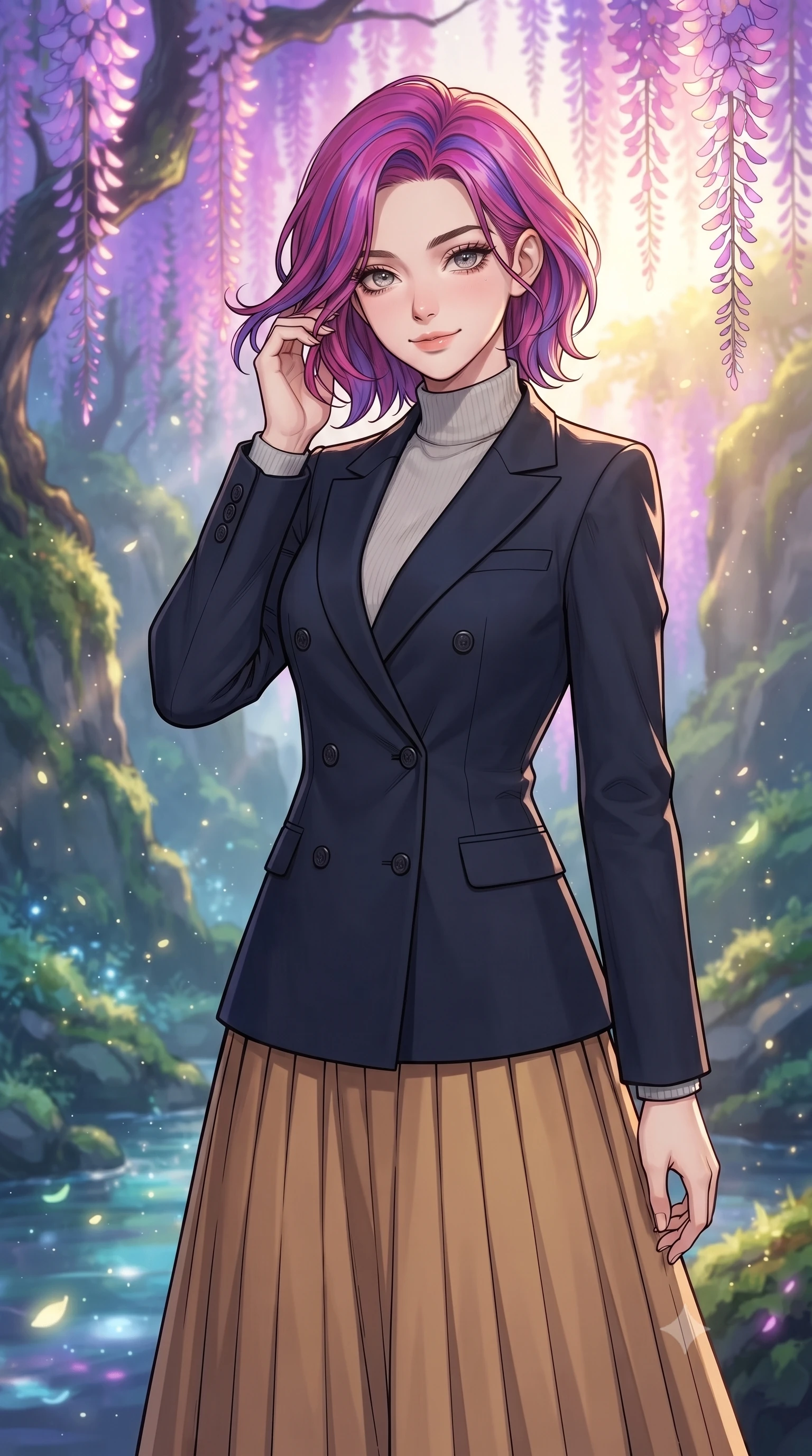 score_9, masterpiece, best quality, ultra-detailed, high-budget anime keyframe, gorgeous anime illustration, with clean line-art and distinct ink outlines, Caucasian woman, strictly human ears. close-up cowboy shot from the waist and thighs up, the character dominates the composition, filling the frame with her large presence, background elements kept in soft focus. Gently brushing hair from her face with an enigmatic half-smile. set against a soft-focus background of in a secluded glen where giant wisteria trees with glowing purple and pink flower trails cascade down mossy cliffs, luminescent pollen floating like fireflies over a stream of liquid opal. She has an exceptionally elegant and slender, willowy female figure with an ultra-slim waist, a gracefully sculpted slender torso, and a refined slim physique. sharp v-shaped jawline, high-bridge nose, intricate jewel-like eyes with depth, thick eyelashes, glossy lips with a natural sheen. wearing a double-breasted navy blazer layered over a light grey turtleneck and a pleated camel midi skirt. golden hour sunlight streaming in warm shafts with floating dust particles catching the light. 2k, ultra detail, master piece, 9:16 ratio, vibrant anime color palette, detailed cel-shading with soft gradients, rich contrast, dynamic lighting, 2d animation style
